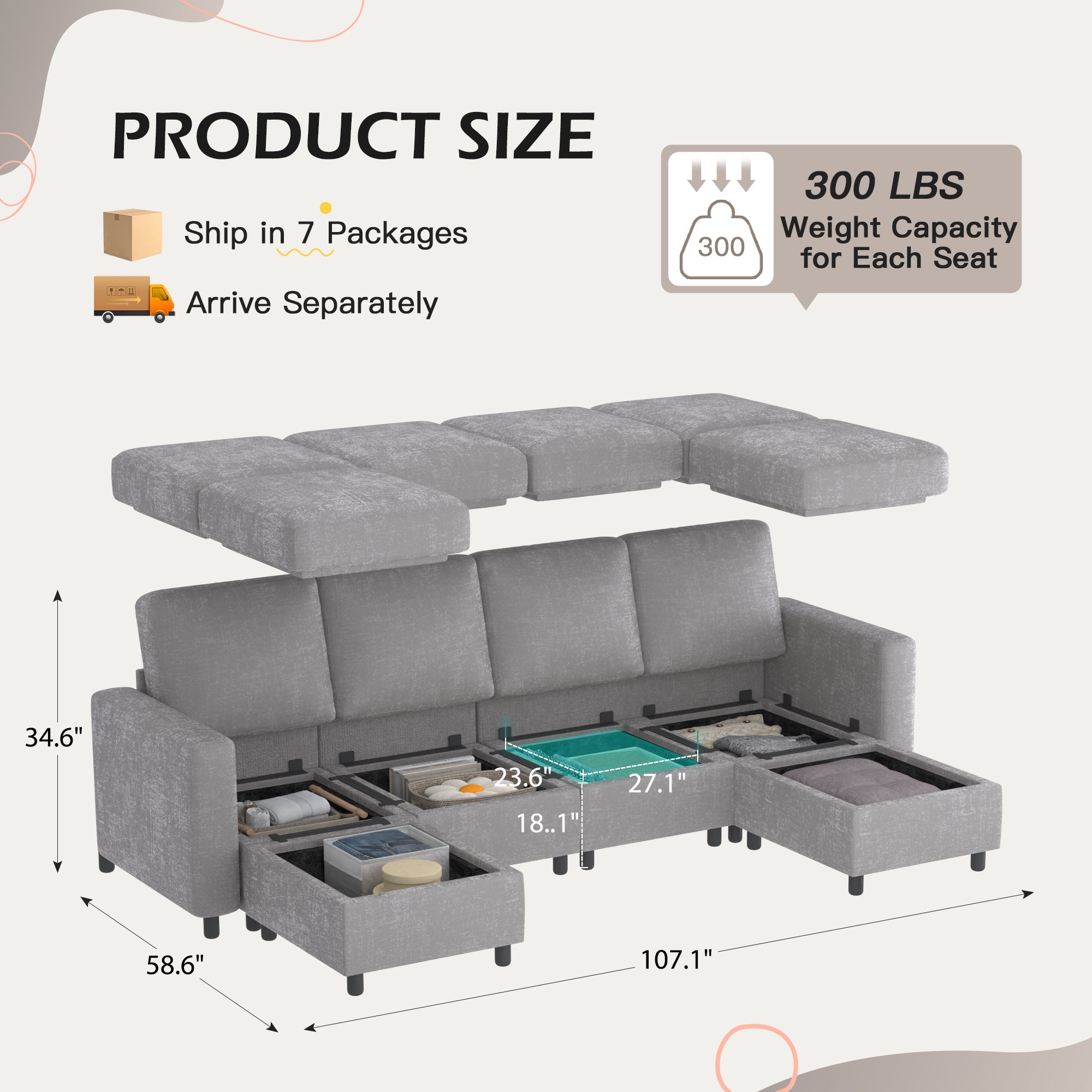 Homrest 6 Piece Modular Sectional Couch with Storage for Living Room, Light Gray