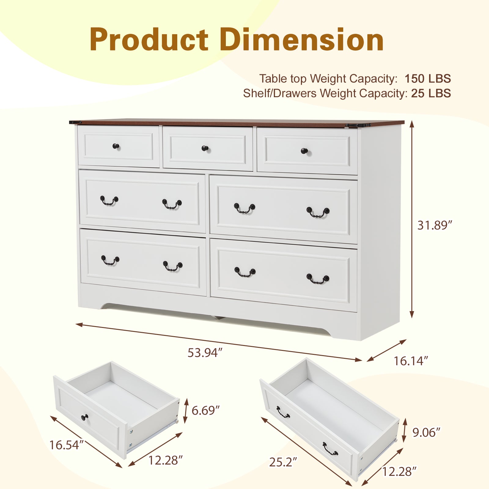 HOMREST Farmhouse 7 Drawers Dresser for Bedroom, 54" Wide Kids Chest of Drawers for Living Room, Antique White