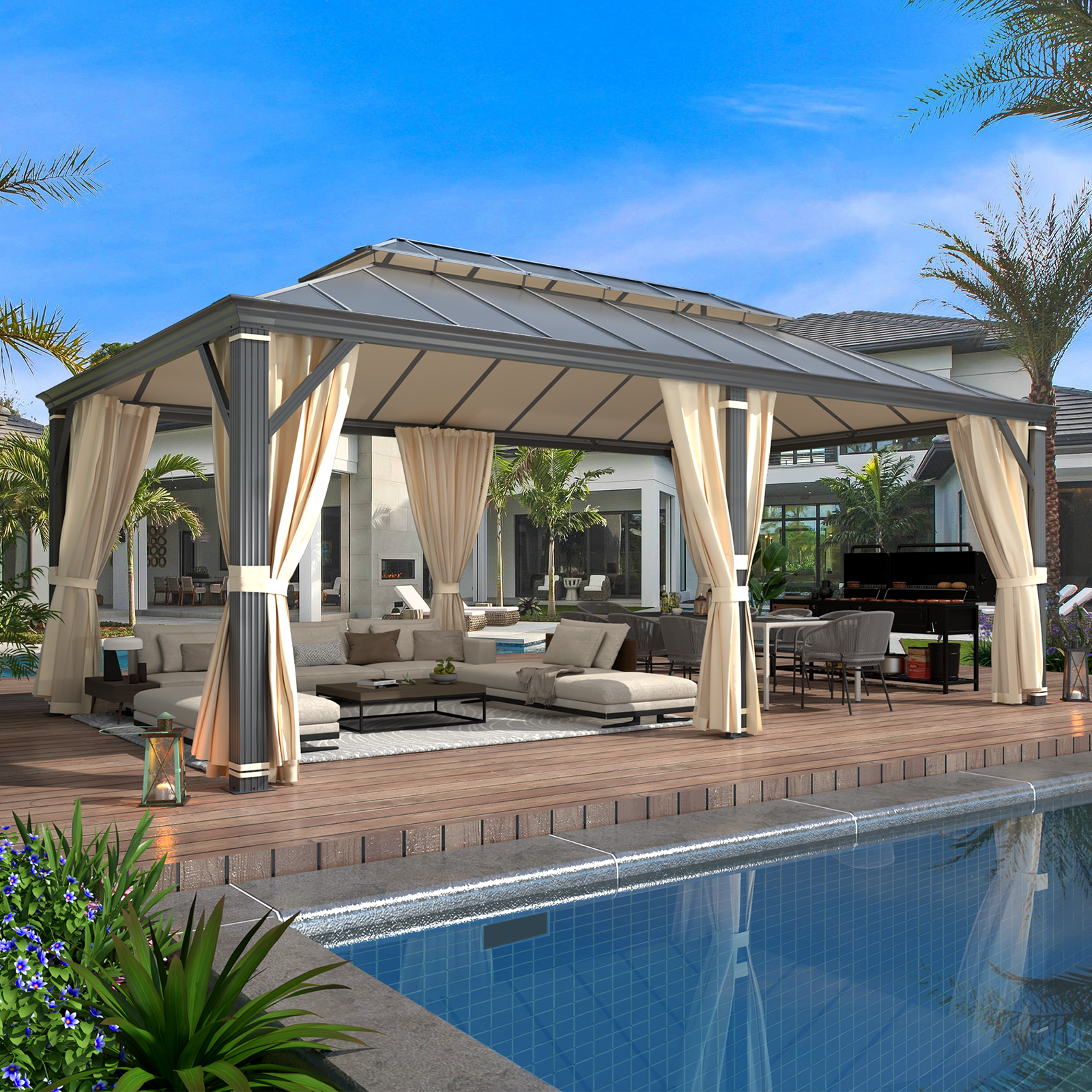 Homrest 12' x 20' Hardtop Gazebo, Aluminum Composite Double Roof for Patio and Garden, Curtains and Netting