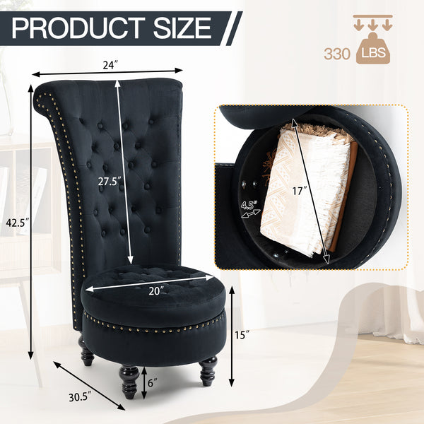 HOMREST High Back Throne Chair, Velvet Armless Royal Accent Chair w/Storage, Nailhead Trim & Rubberwood Legs for Living Room & Bedroom, Black