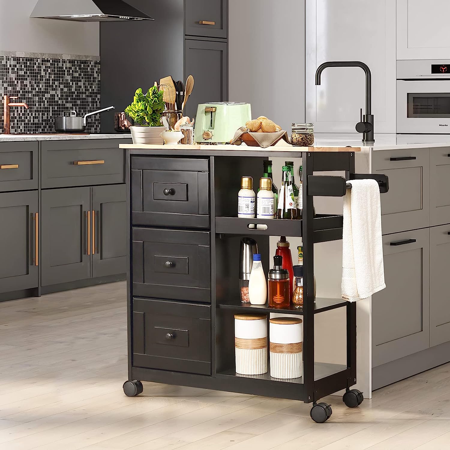 Homrest kitchen islands with countertop & drawer & open shelves and spice rack, black