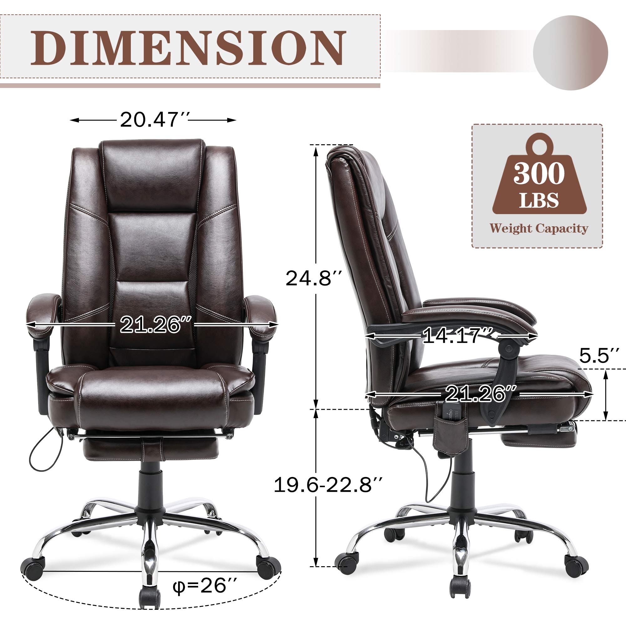 Ergonomic Adjustable Height Massage and Heated Executive Office Chair Brown