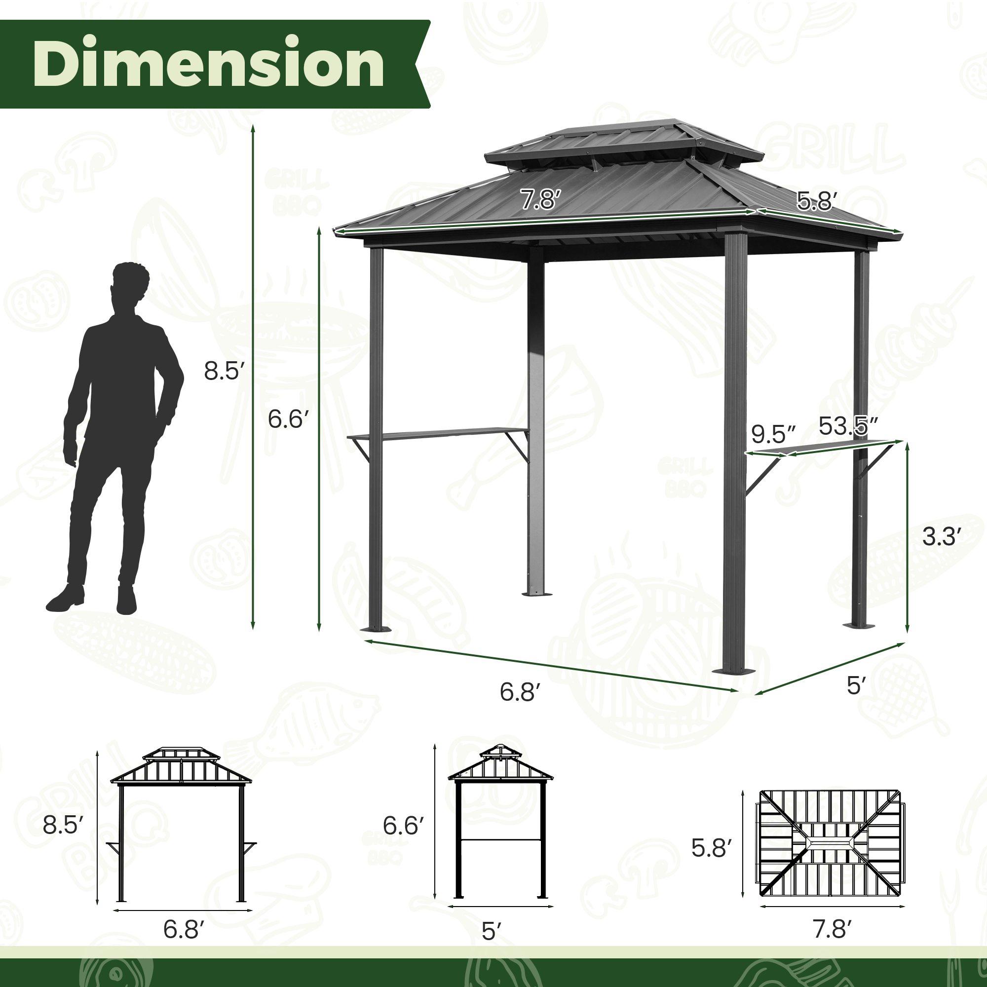 HOMREST 8x6 FT Outdoor Grill Gazebo with Double Steel Roof & Shelves