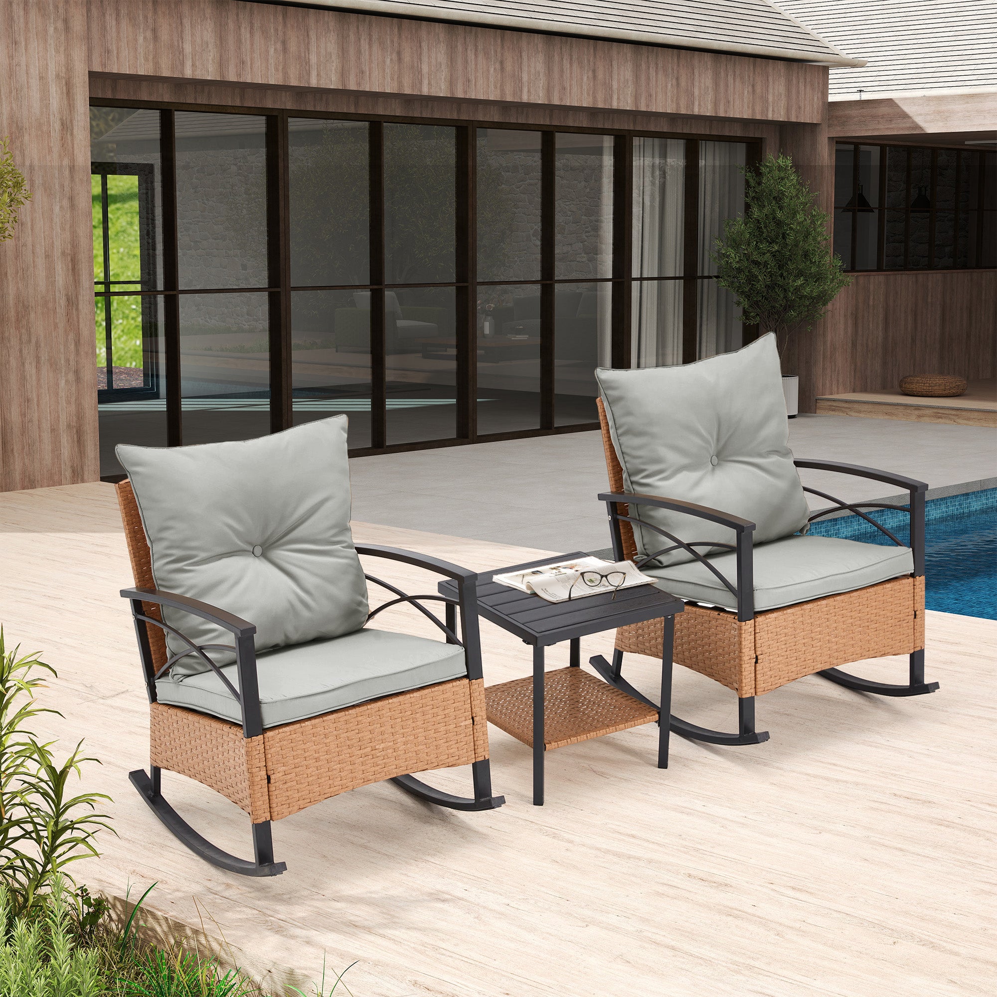 HOMREST 3-Piece Bistro Set: Outdoor Rattan Rocking Chairs with Cushions and Coffee Table