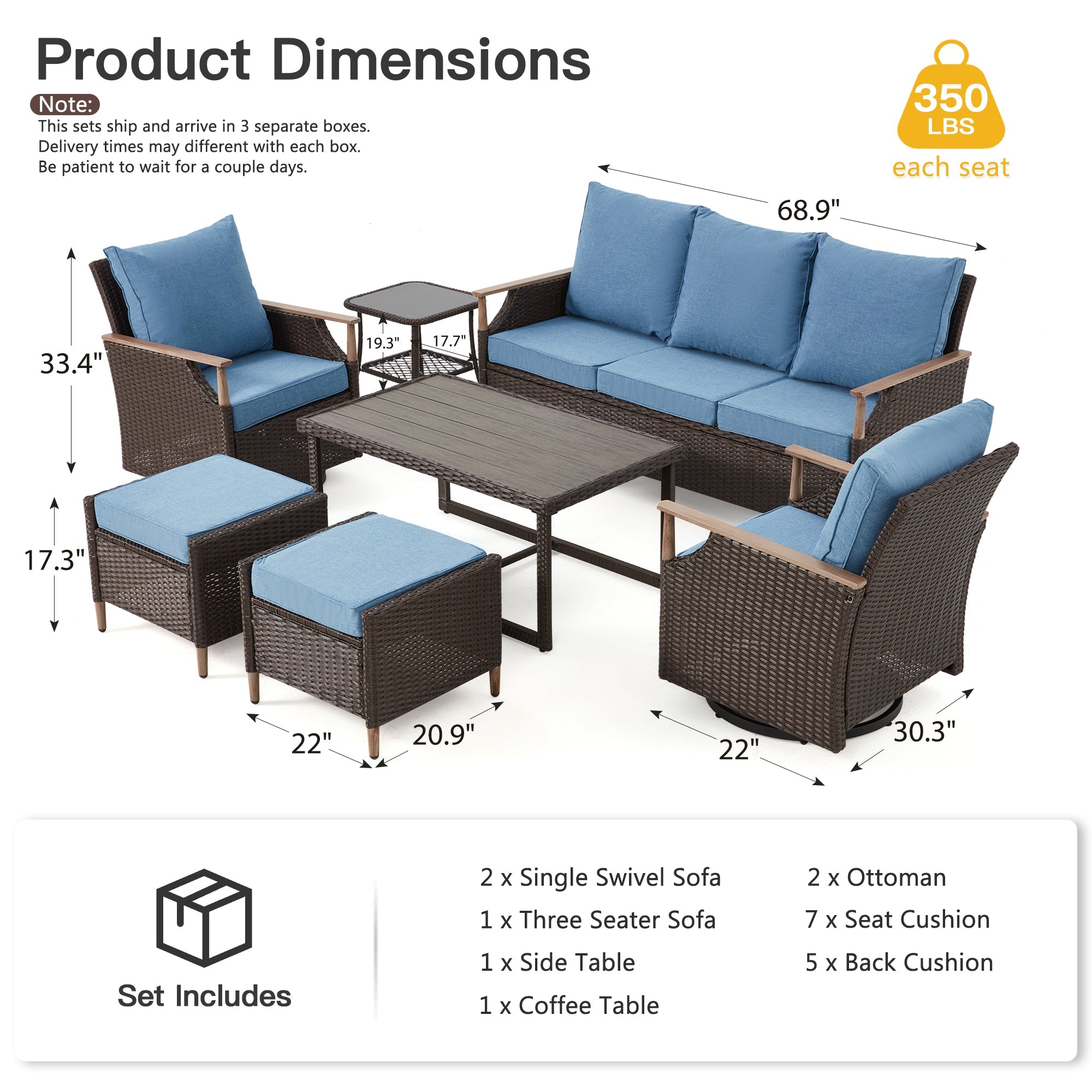 HOMREST 7-Piece Outdoor Wicker Patio Set with Swivel Chairs, Ottoman & Coffee Table, Blue