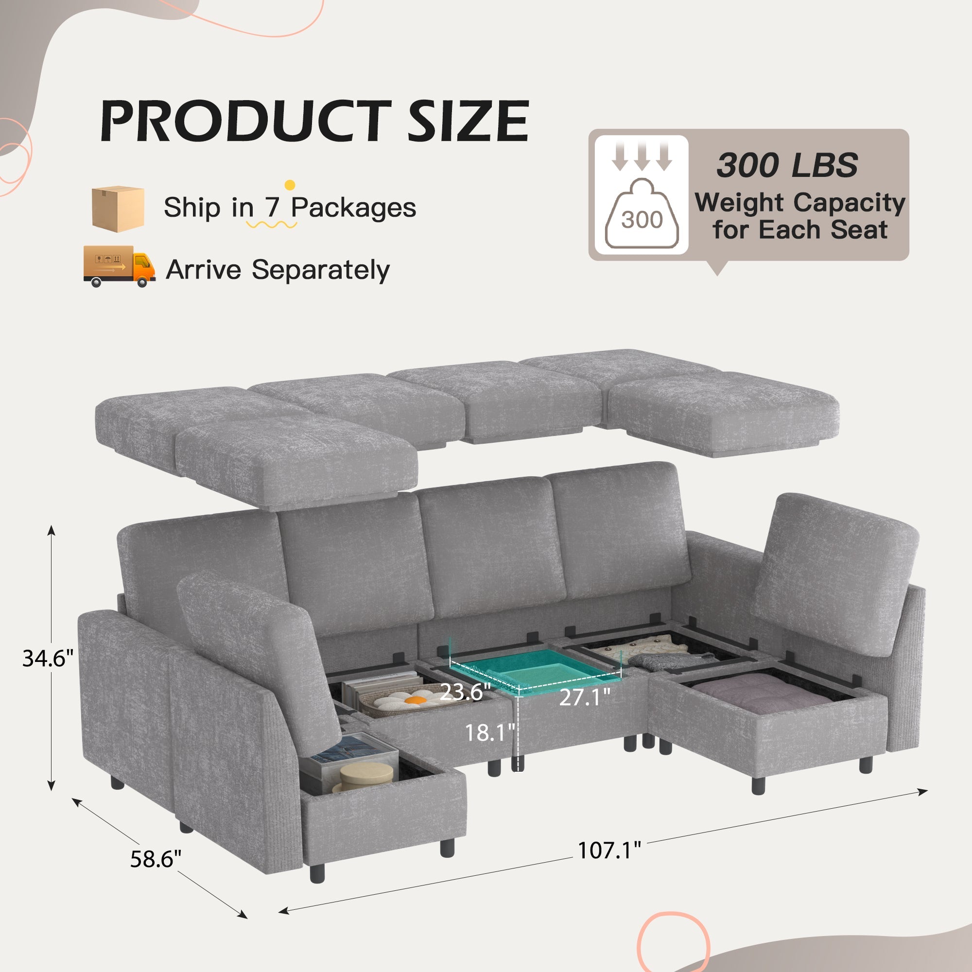Homrest 6  Piece Modular Sectional Couch with Storage for Living Room, Light Grey