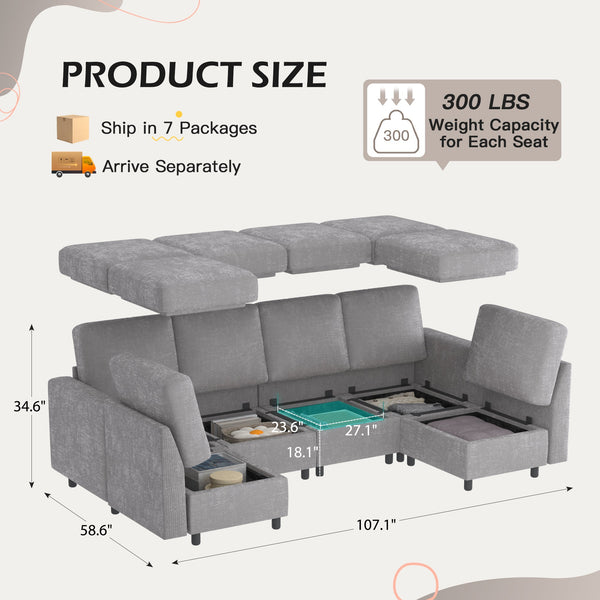 homrest 6 - Piece Modular Sectional Couch, Modular Couches and Sofas Sectional with Storage for Living Room, armrests, 6 single seats, Light Grey