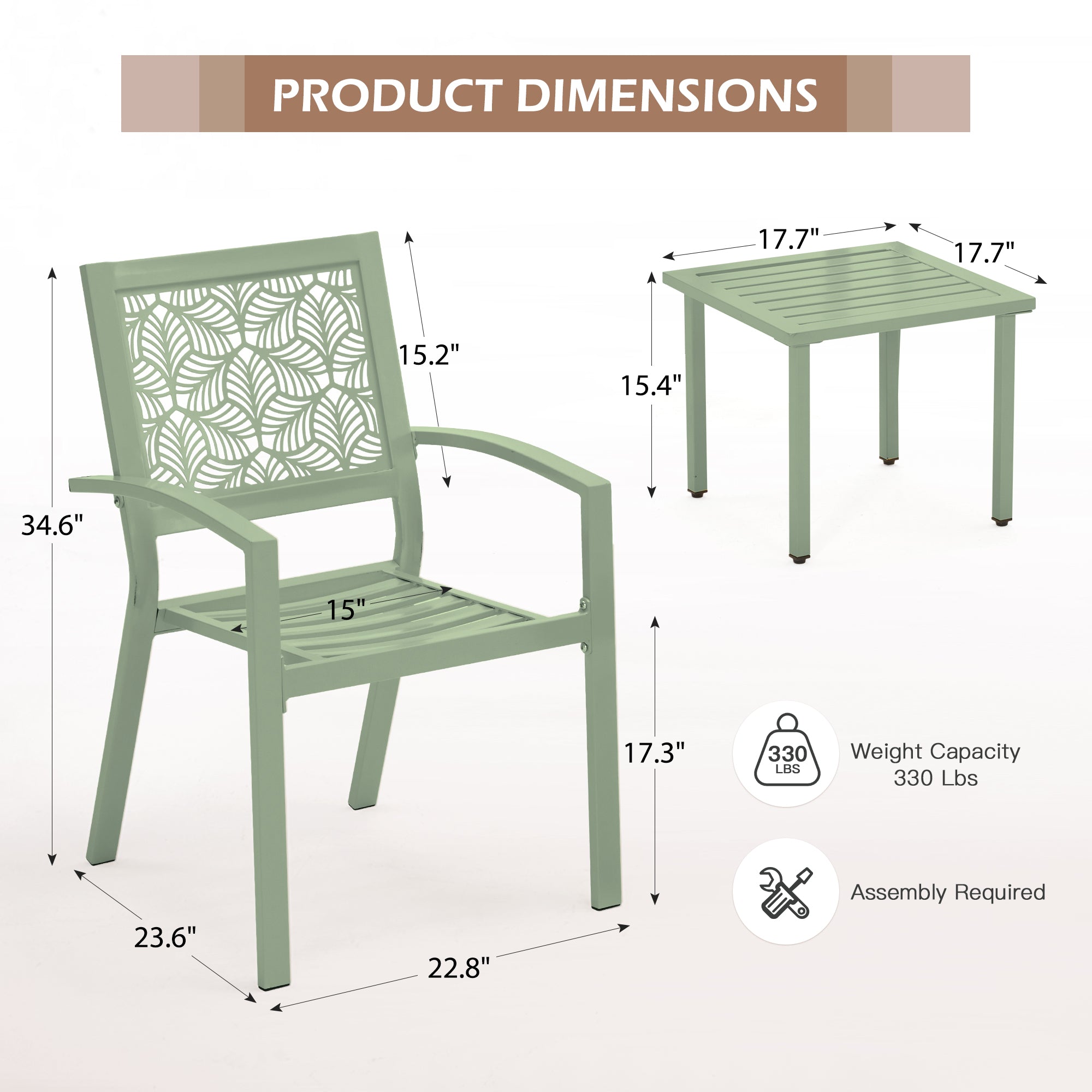 HOMREST 3-Piece Outdoor Bistro Set – Metal Chairs & Table, Sage Green