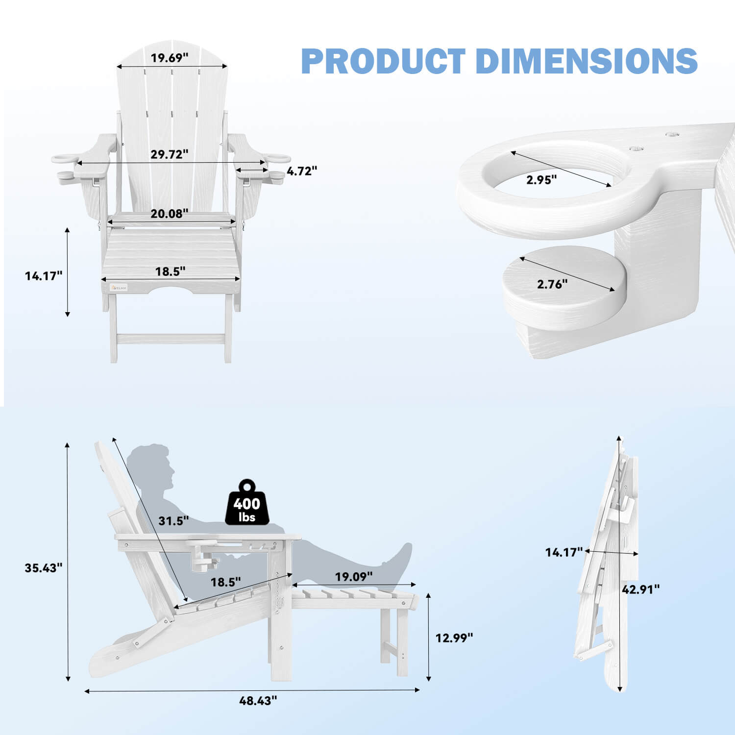 HOMREST 3-Level  Adjustable Adirondack Chair with Retractable Ottoman, Folding HDPE Outdoor Chair with Cup Holders, White