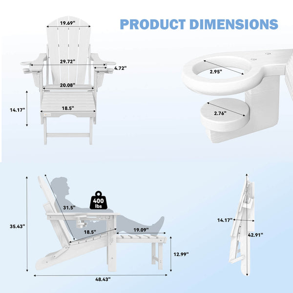 HOMREST 3-Level  Adjustable Adirondack Chair with Retractable Ottoman, Folding HDPE Outdoor Chair with Cup Holders, White