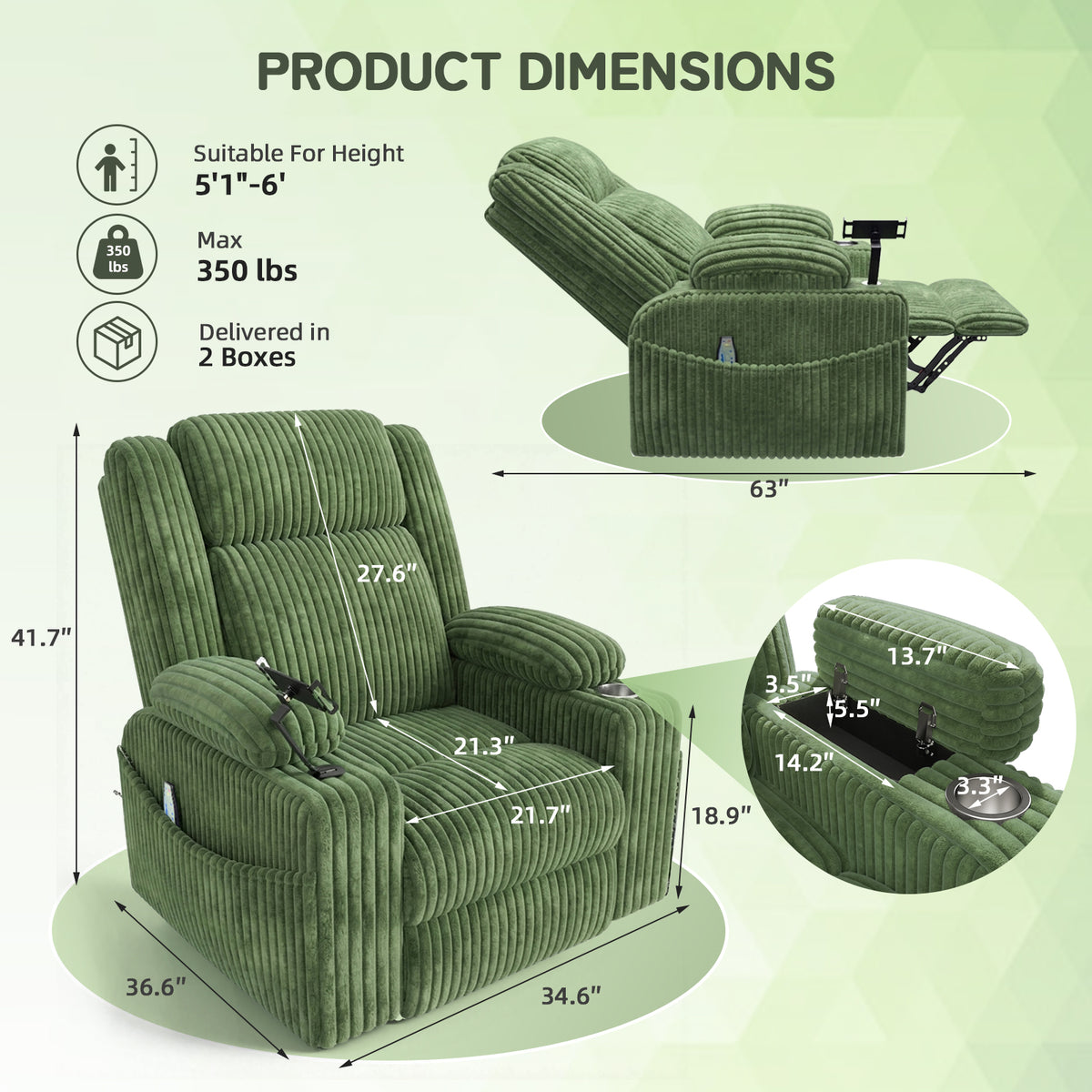 HOMREST Power Oversized Swivel Rocker Recliner with Massage and Heat, Nursery Rocking Chairs for Living Room,Green