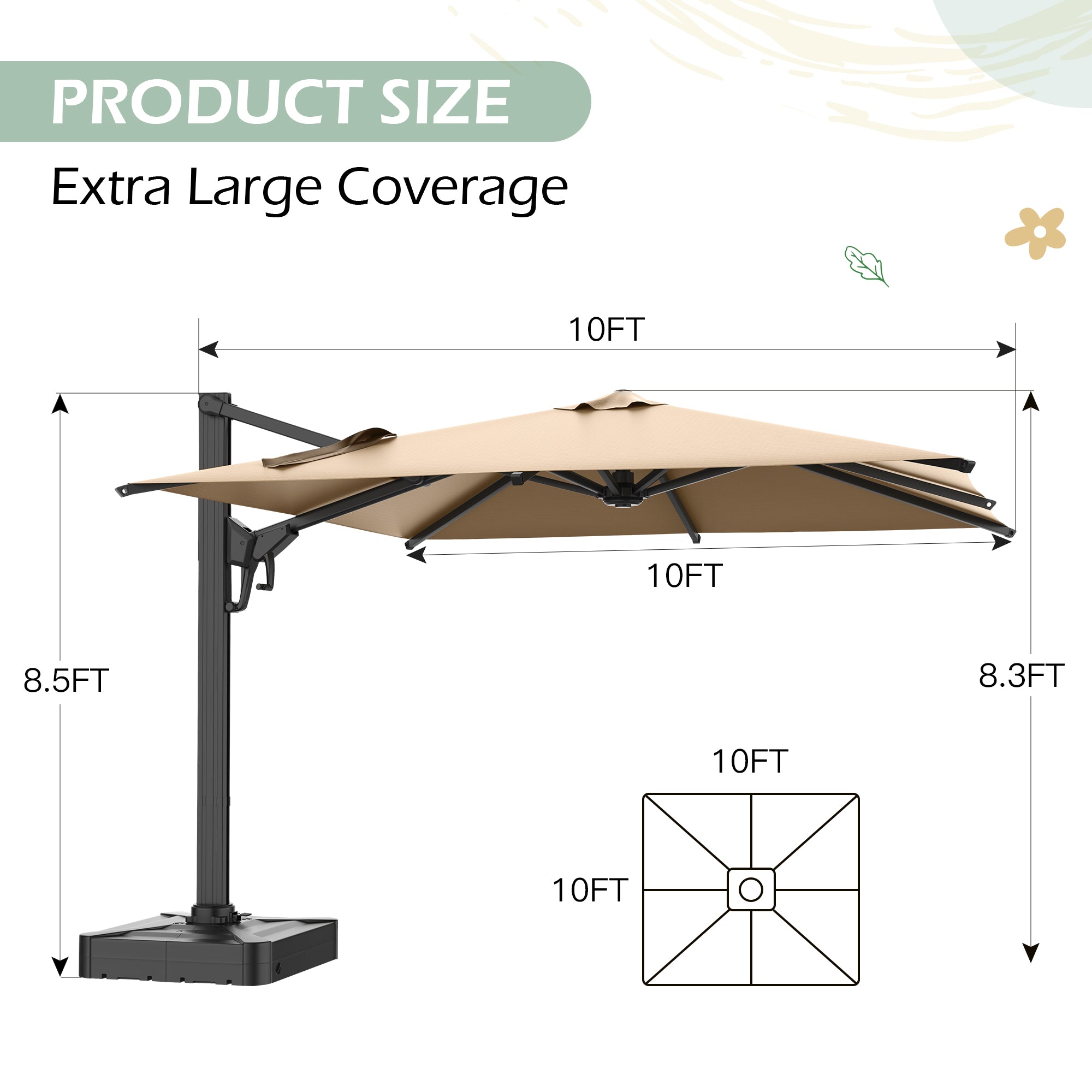 HOMREST 10x10ft Large Rectangular Cantilever Umbrella with 360° Rotation & 6 Adjustable Heights, Brown (Base Excluded)