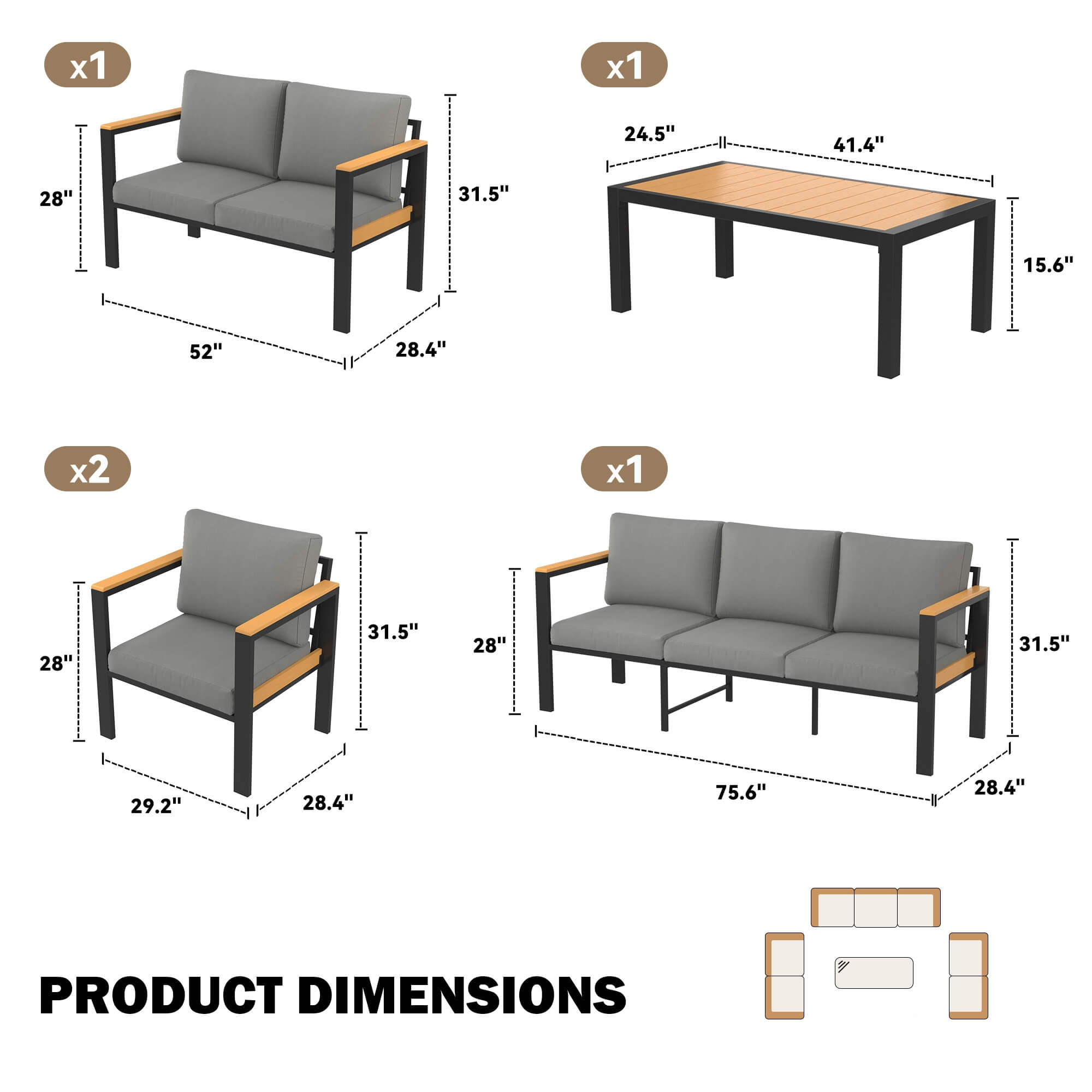 HOMREST 5 Piece Patio Furniture Set, Metal Patio Conversation Set with Coffee Table, All-Weather Outdoor Furniture, Gray