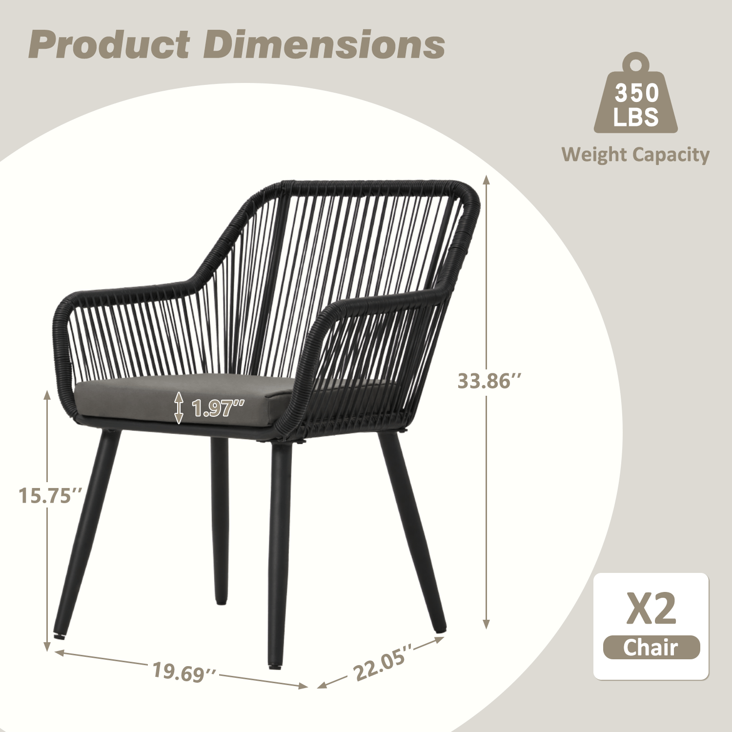HOMREST Patio Wicker Dining Chairs Set of 2, Rattan Chairs w/ Cushions & Armrests, Grey/Black