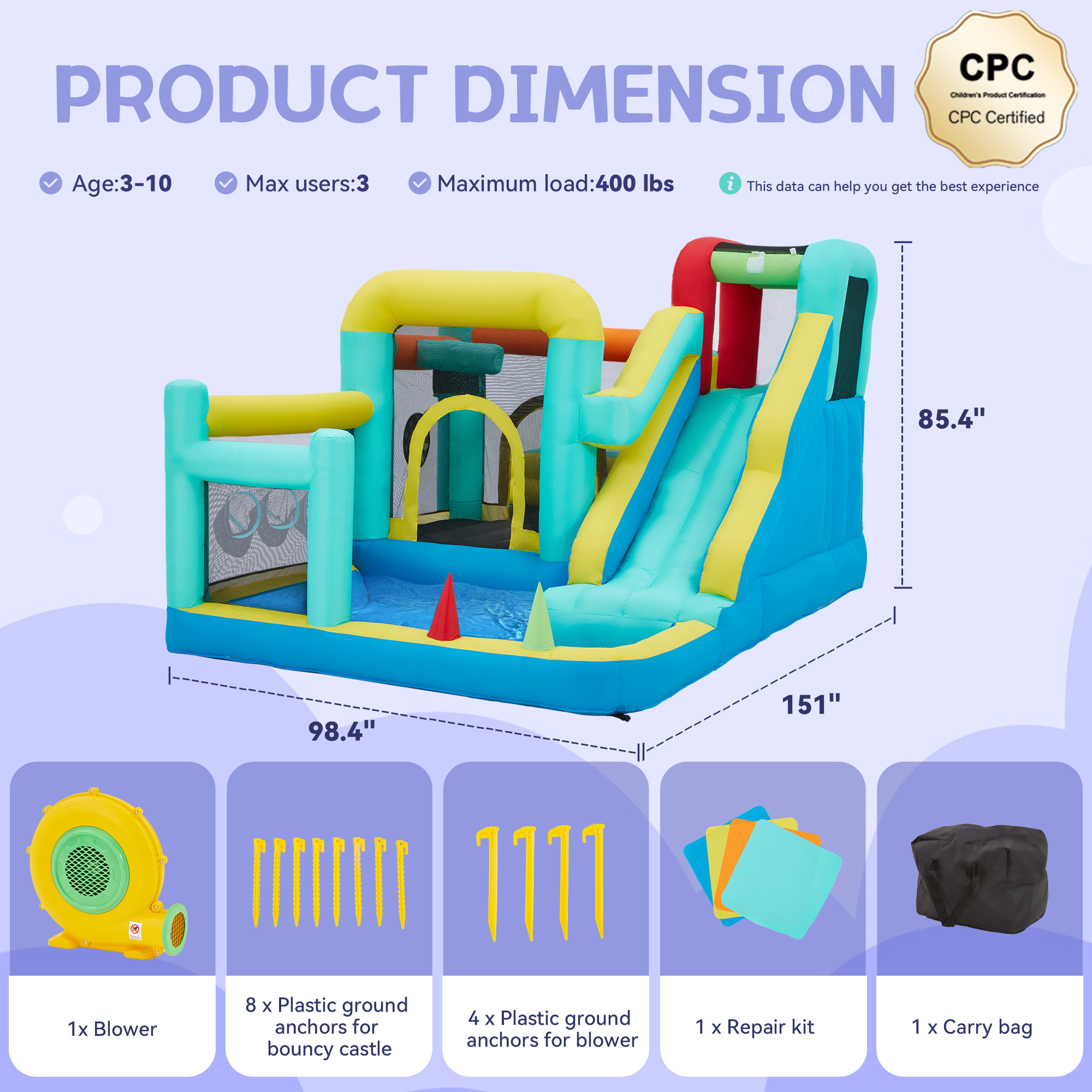 Homrest Inflatable Trampoline Bouncy House with Blower, Jumping Castle with Water Slides for Kids Backyard,  Heavy Duty 840D Oxford Cloth Water Slide Outdoor Sports Dartboard Game for Kids 3-6