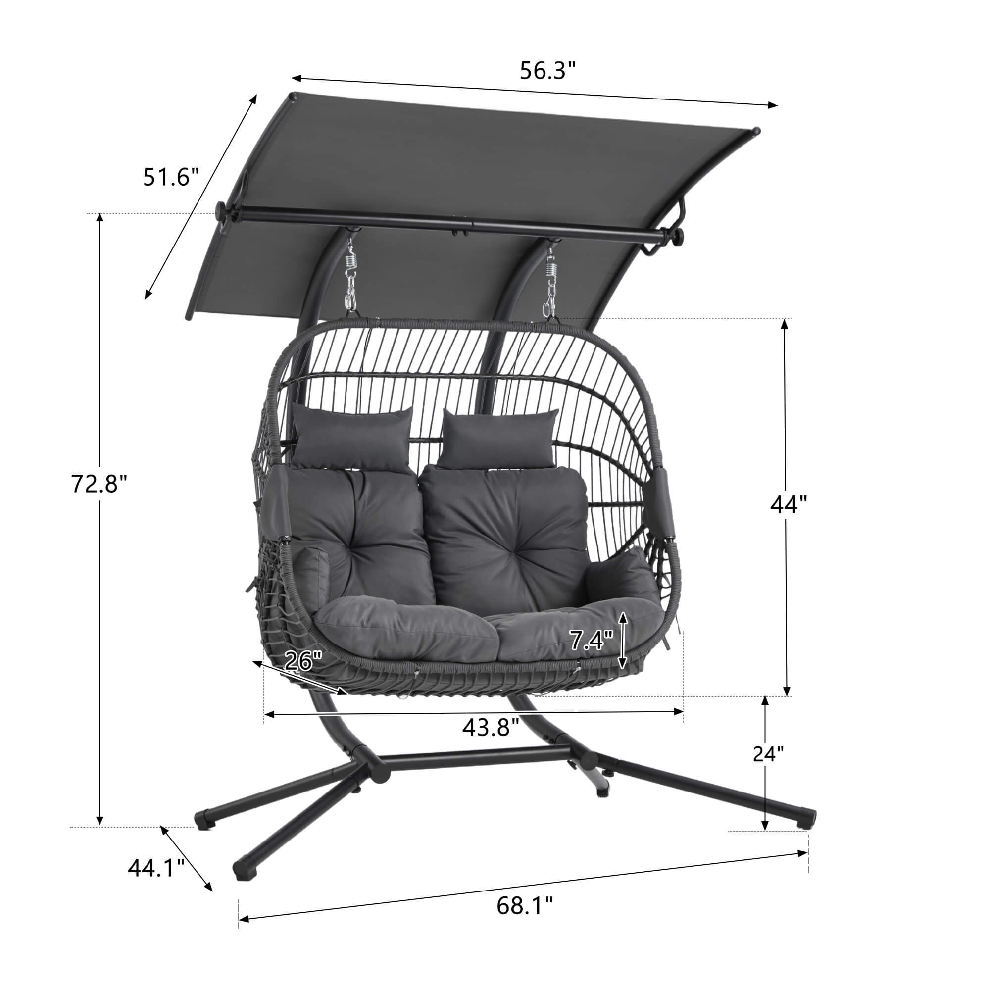 HOMREST Double Hanging Egg Chair with Stand, Wicker Loveseat Swing with Extra Cushion, Gray