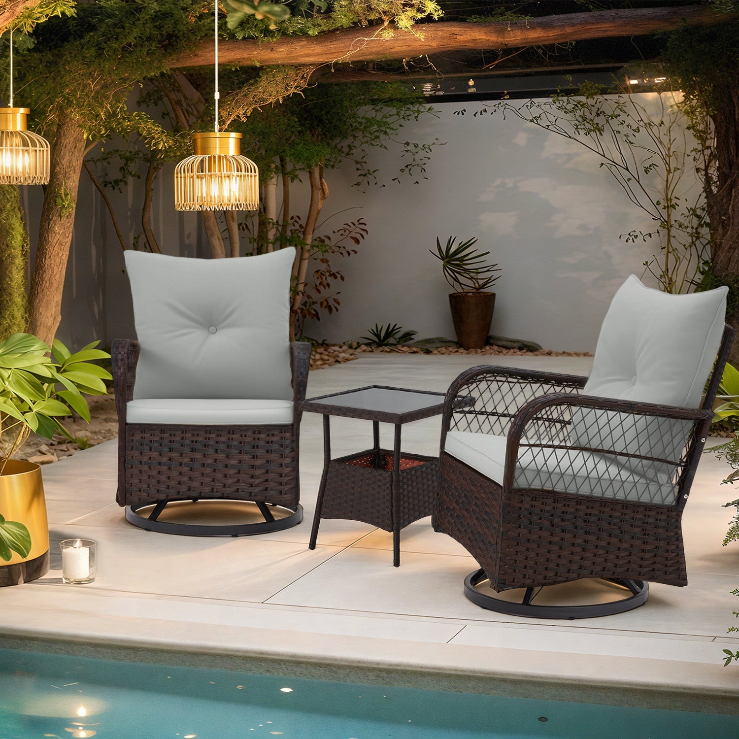 HOMREST 3-Piece Patio Swivel Rocker Set with Rattan Coffee Table for Lawn, Garden, Porch
