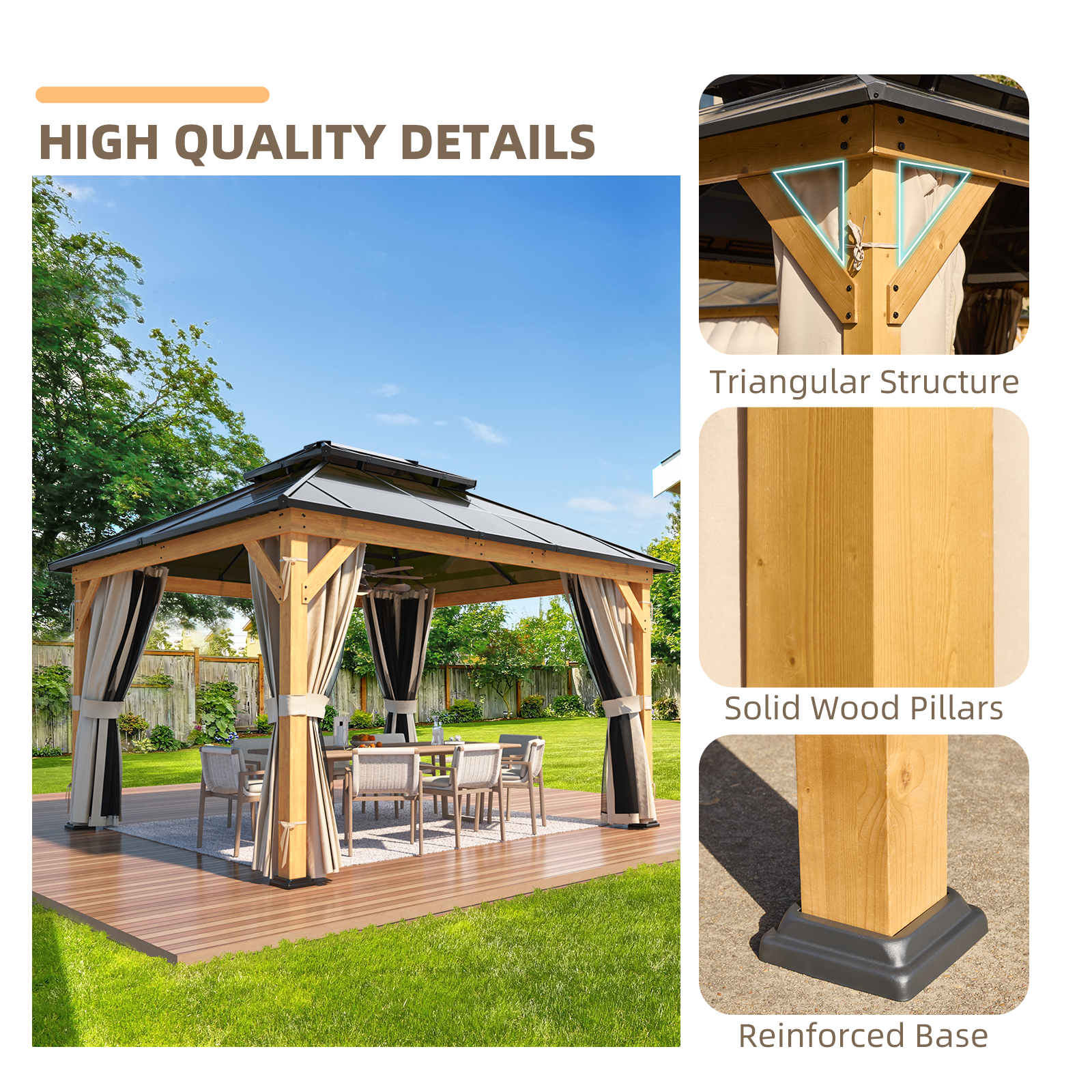 Homrest 11'x 13' Hardtop Gazebo, Wood Outdoor Gazebo, Polycarbonate Double Roof, Netting and Curtains, Patio Gazebo