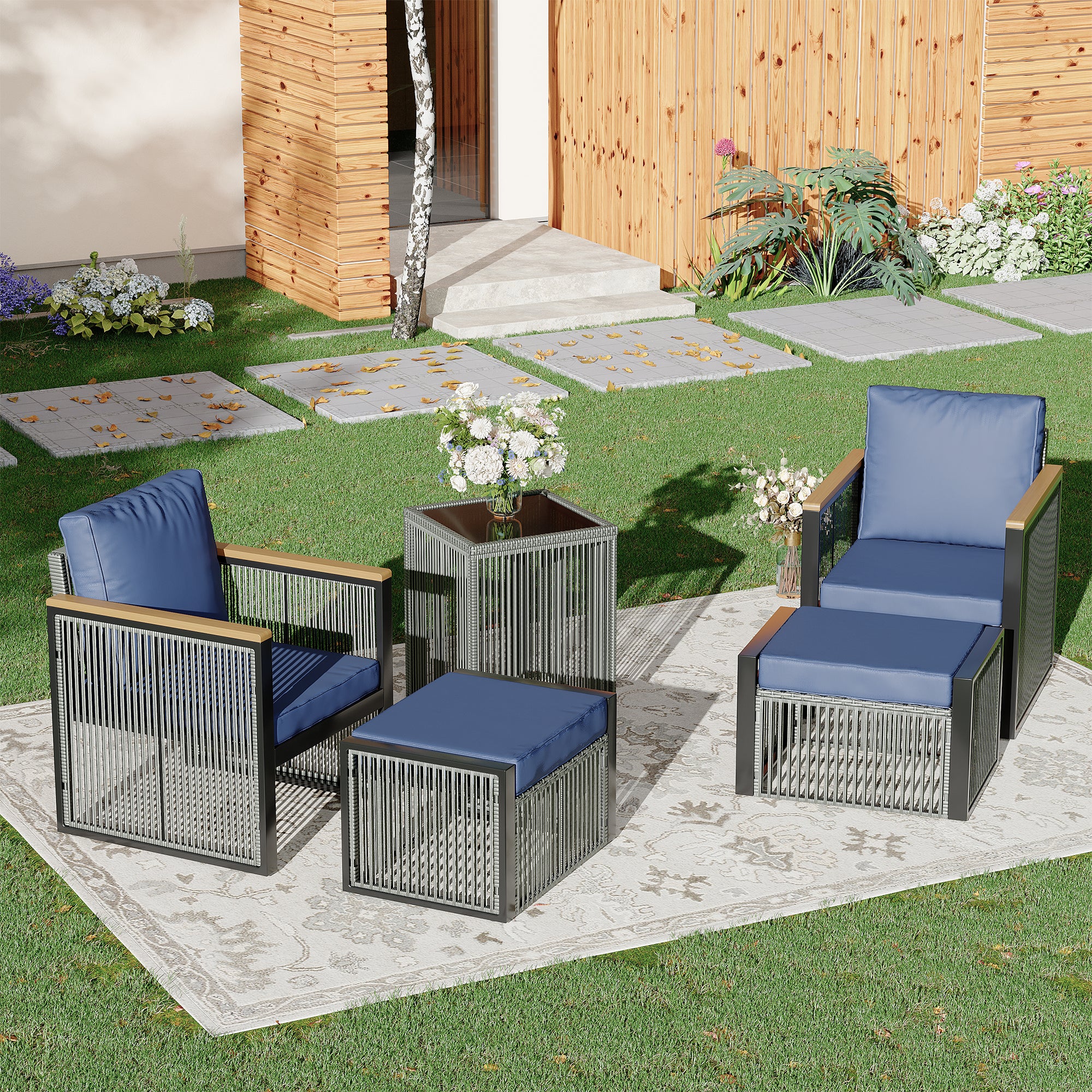 HOMREST 5 Pieces Patio Set Outdoor Furniture Set with Wood Armrest for Garden Balcony Backyard Poolside (Blue)