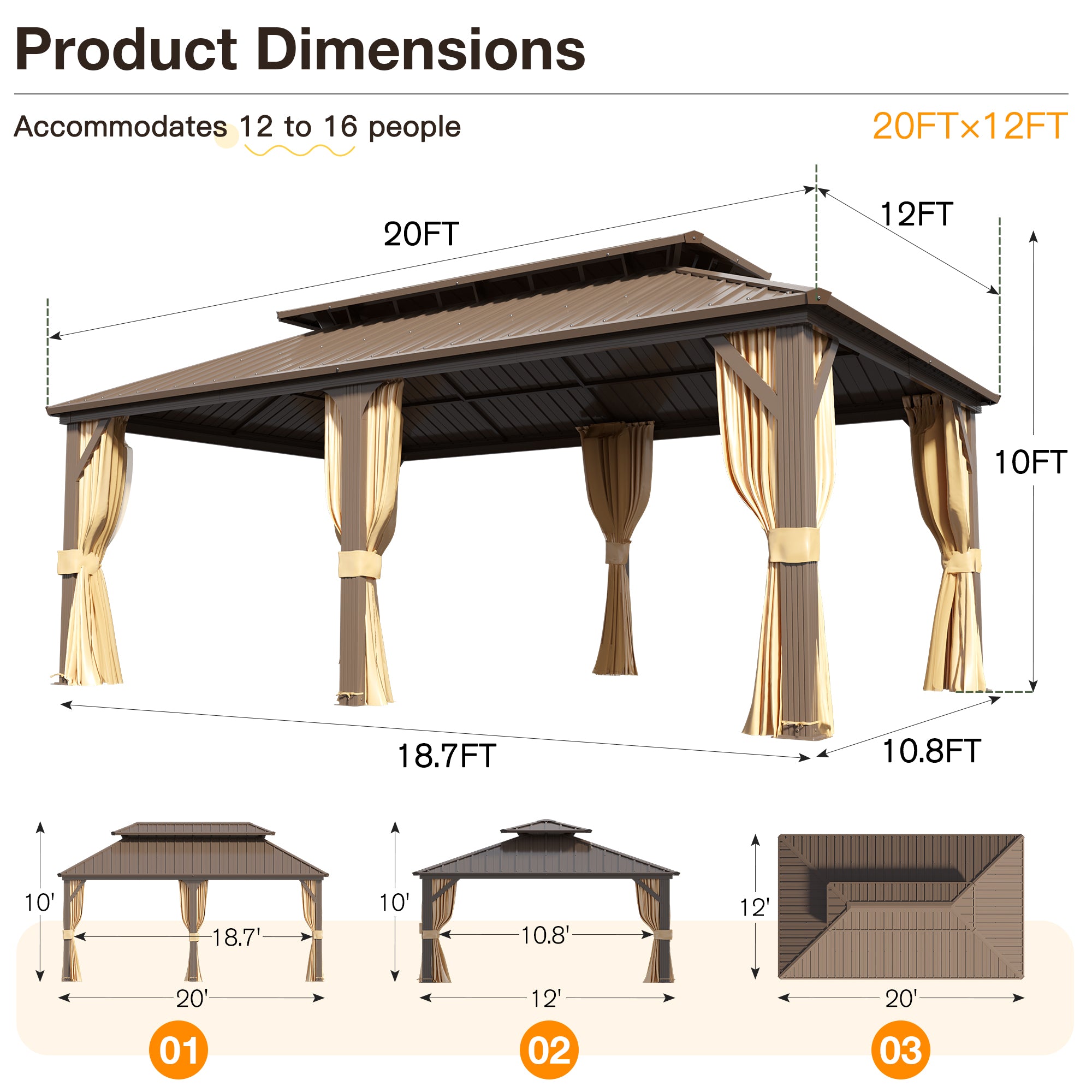Homrest 12' x 20' Hardtop Gazebo, Aluminum Frame Gazebos with Galvanized Steel Double Roof