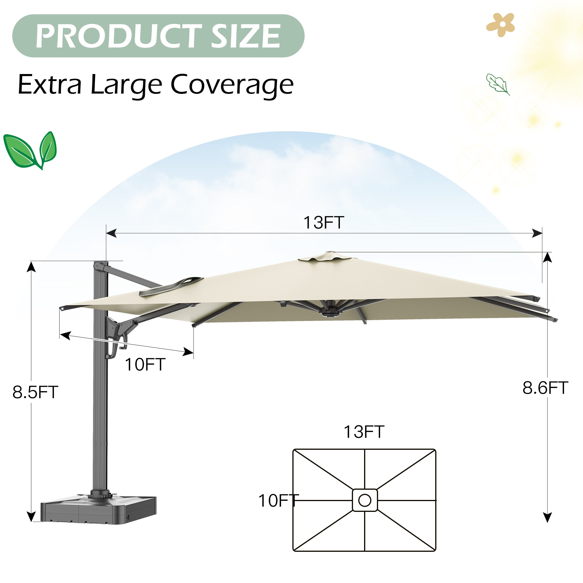 HOMREST 10x13ft Large Rectangular Cantilever Umbrella with 360° Rotation & 6 Adjustable Heights, Outdoor Patio Umbrella for Garden, Pool, Deck, Yellow (Base Excluded)