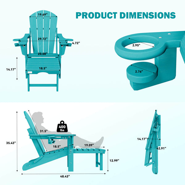 HOMREST 3-Level  Adjustable Adirondack Chair with Retractable Ottoman, Folding HDPE Outdoor Chair with Cup Holders, Aruba Blue