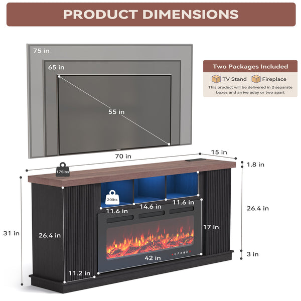 HOMREST 70 Inch TV Cabinet with Electric Fireplace, fire place tv stands for living room, LED Light Bar, Dark Walnut Color