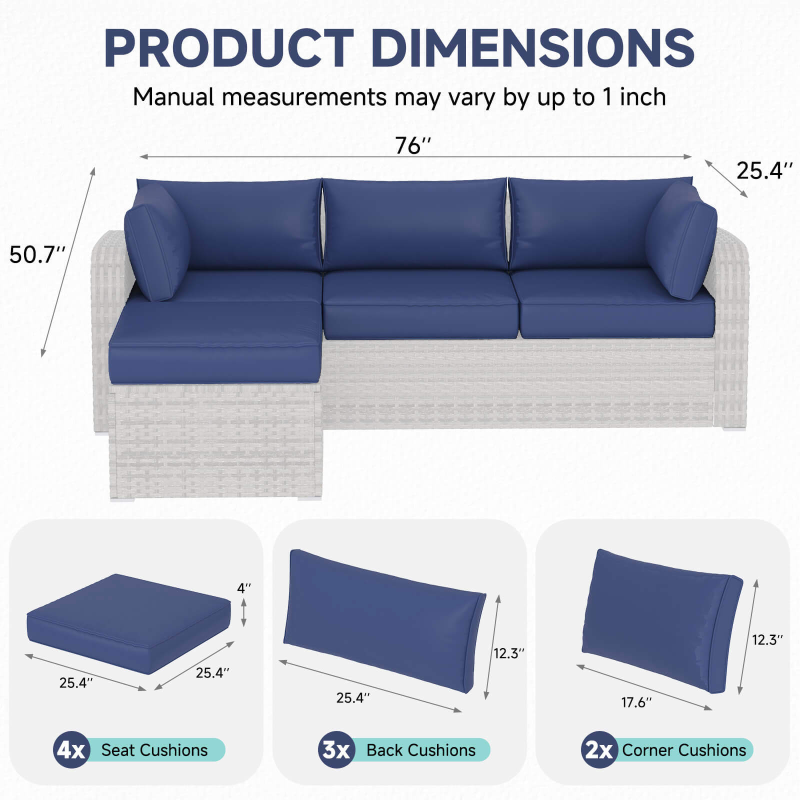 HOMREST 9-Piece Outdoor Sectional Cushions for 4-Seat Sofa, Waterproof Deep Seat w/ Non-Slip & Machine Washable Covers, Navy Blue