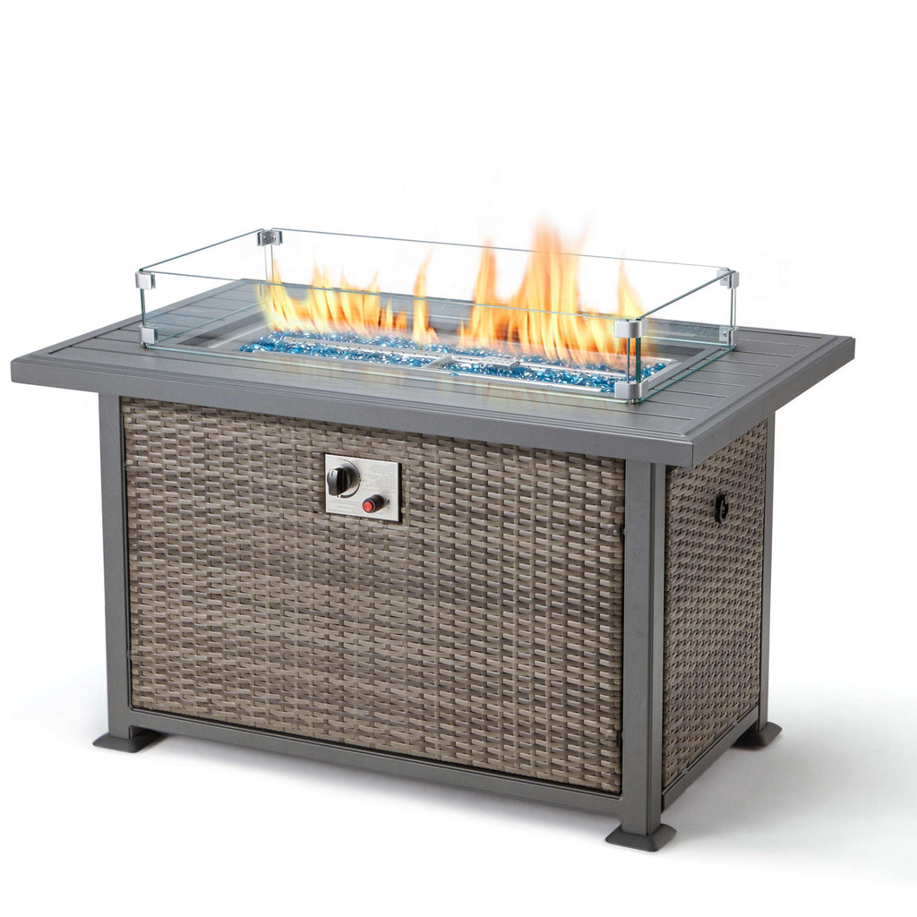 44 in Propane Fire Pit with Aluminum Table Top and Glass Wind Guard, Dark Gray