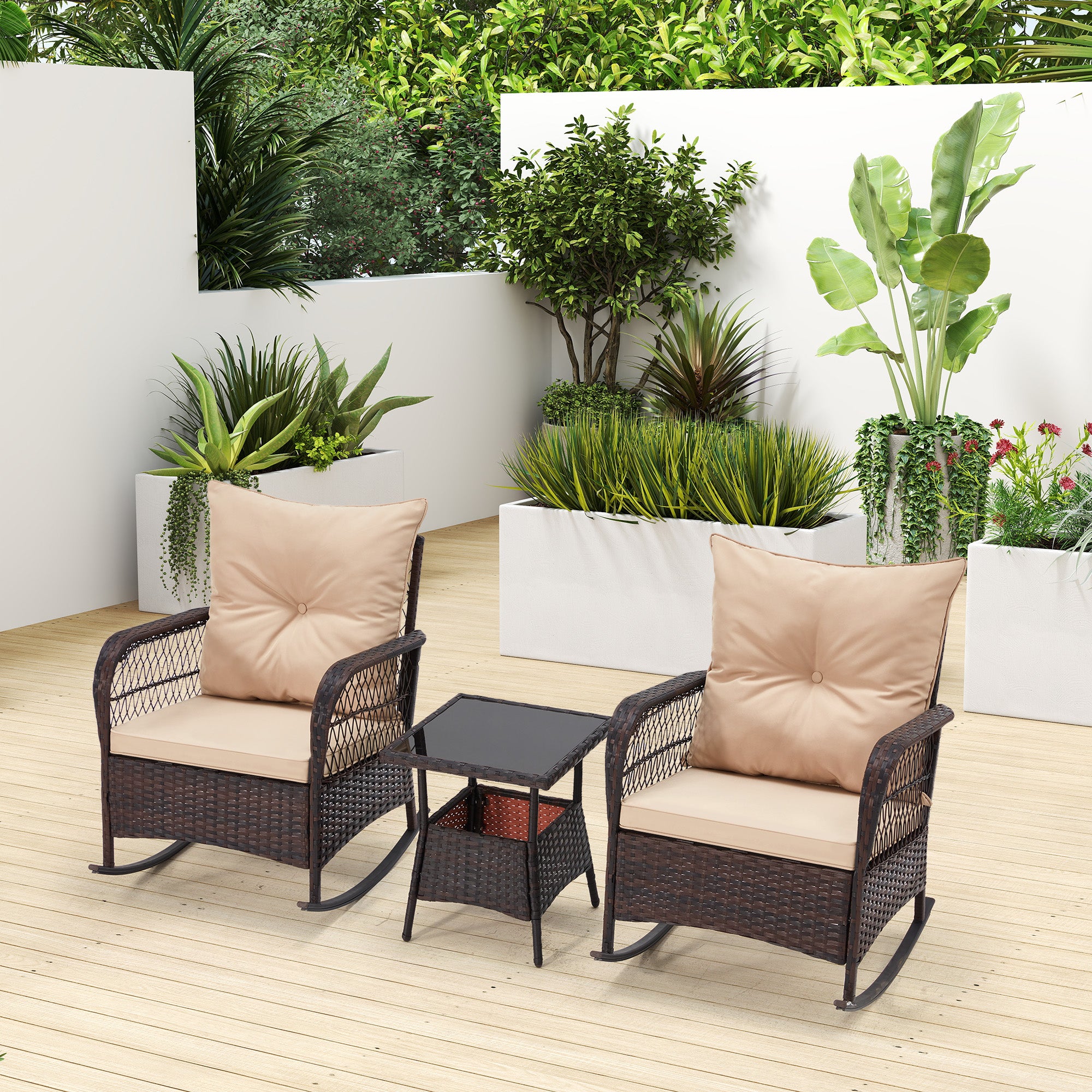 HOMREST 3 pcs Rocking Bistro Set, Outdoor PE Rattan Rocking Chairs with Tempered Glass Coffee Table