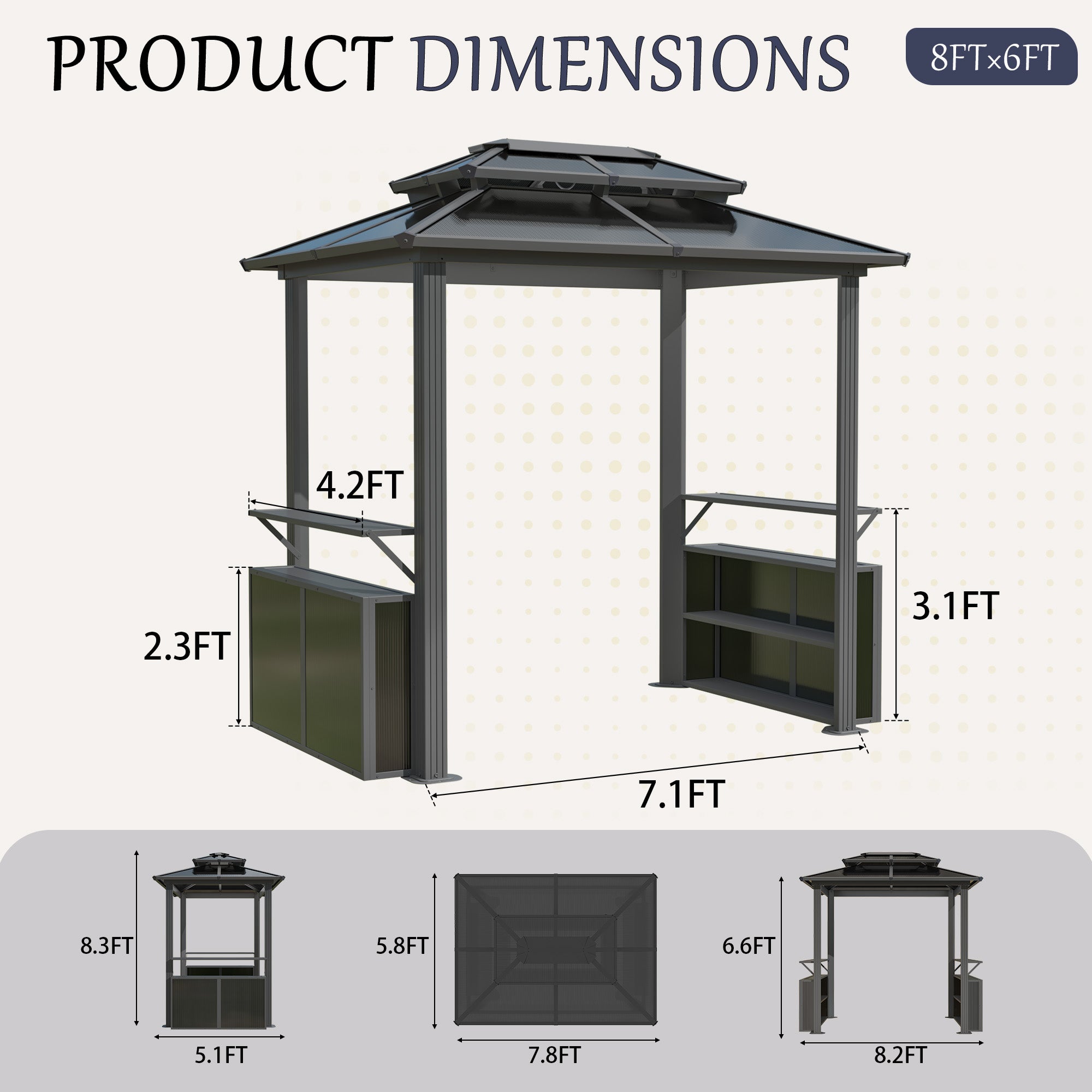 8' x 6' Hardtop Grill Gazebo, Outdoor Metal BBQ Gazebo with Storage Cabinet, Double Roof Hardtop Gazebo, Includes Ceiling Hooks, Suitable for Lawn, Courtyard and Garden