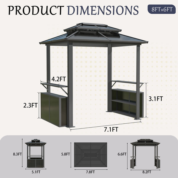 8' x 6' Hardtop Grill Gazebo, Outdoor Metal BBQ Gazebo with Storage Cabinet, Double Roof Hardtop Gazebo, Includes Ceiling Hooks, Suitable for Lawn, Courtyard and Garden
