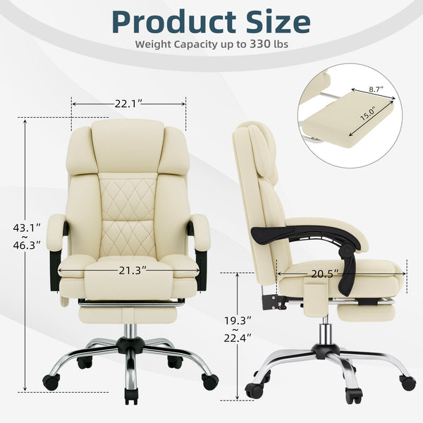 HOMREST 6-Point Massage Office Chair with Heat, Ergonomic Reclining Desk Chair with Footrest, PU Leather Executive Chair for Home Office,Comfortable Computer Chair Gift for Women, Off White
