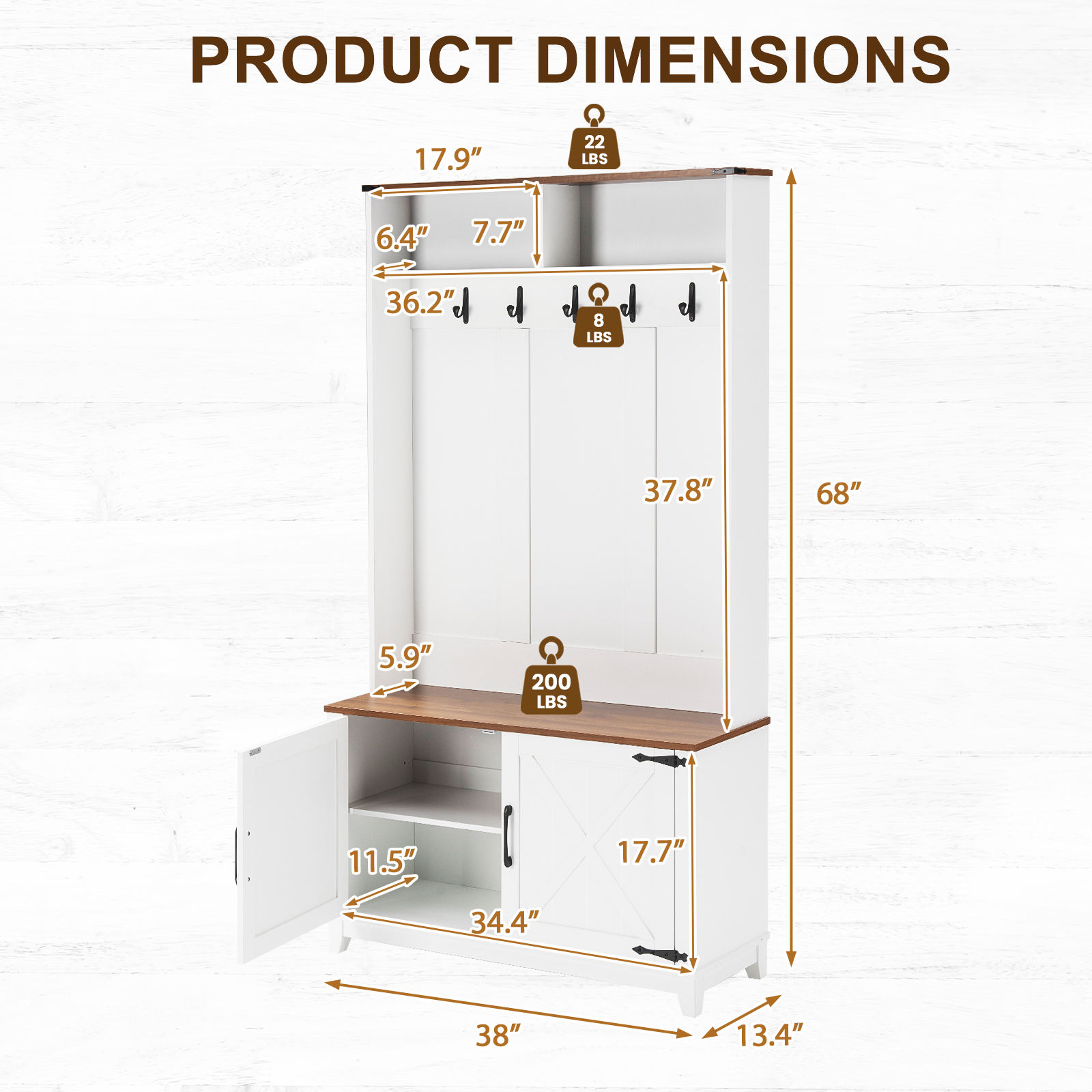 HOMREST 38" Farmhouse Hall Tree with Bench and Shoe Storage, Entryway Bench with Coat Rack, 2 Open Compartments, 7 Coat Hooks, Barn Door & Adjustable Shelf, White