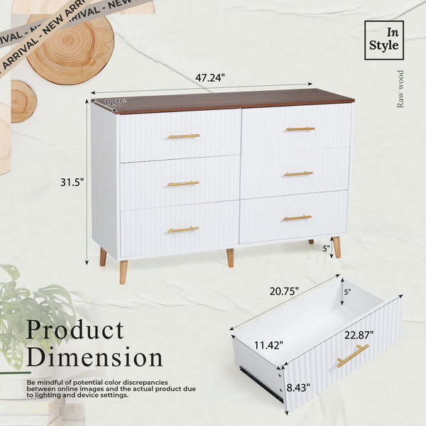 HOMREST 6 Drawer Dresser Modern Dresser Chest of Drawers with Fluted Panel for Bedroom,Living Room and Hallway, White