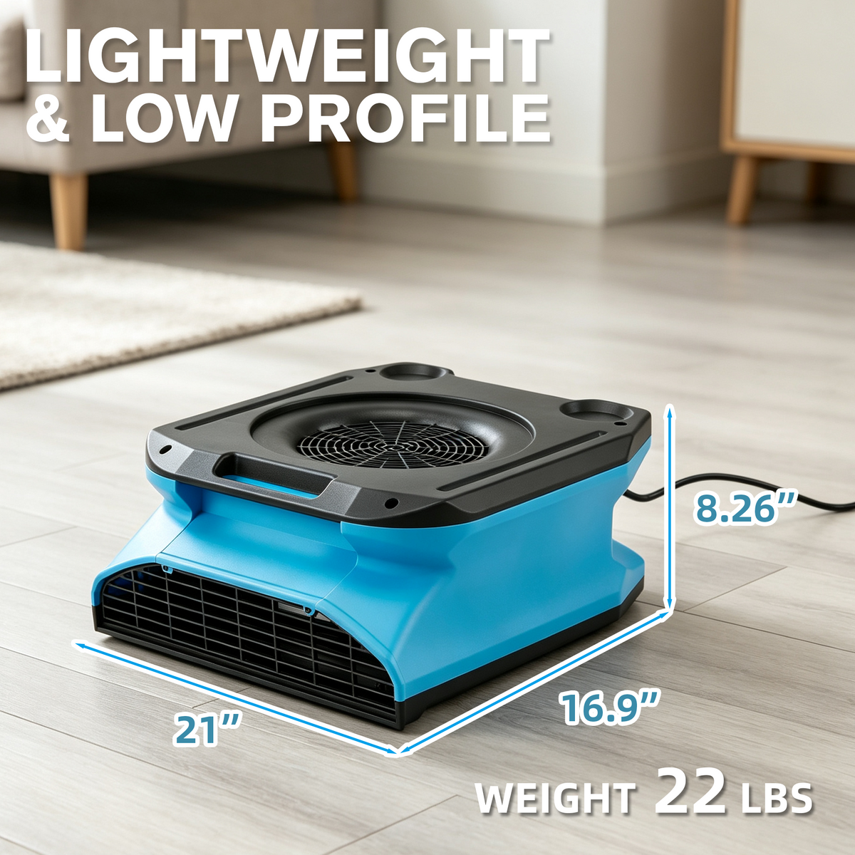 HOMREST 1/4 HP Air Mover, 1200 CFM Low Profile Carpet Dryer & Floor Blower, 2-Speed Commercial Fan, Lightweight Stackable Design with Daisy Chain for Water Damage Restoration