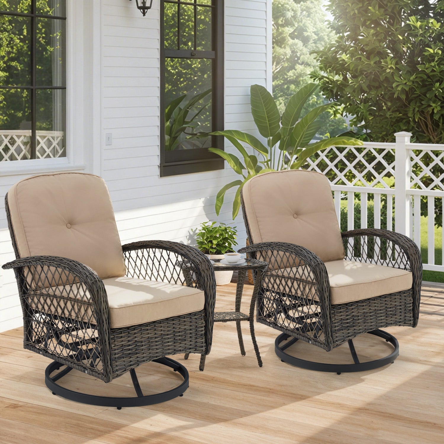HOMREST 3-piece Patio Swivel Glider Chair Set，360° Glide & Rotate, Khaki