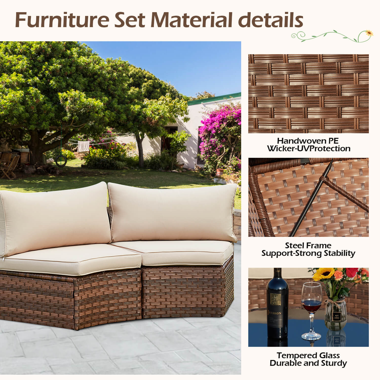 HOMREST Outdoor Patio Furniture Set, 7-Piece Half-Moon Wicker Patio Sofa Set with Storage Table, Brown & Beige