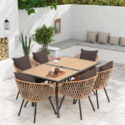 HOMREST 7-Piece Outdoor Dining Set – Rectangular Table with Umbrella Hole & 6 Rattan Chairs, Brown