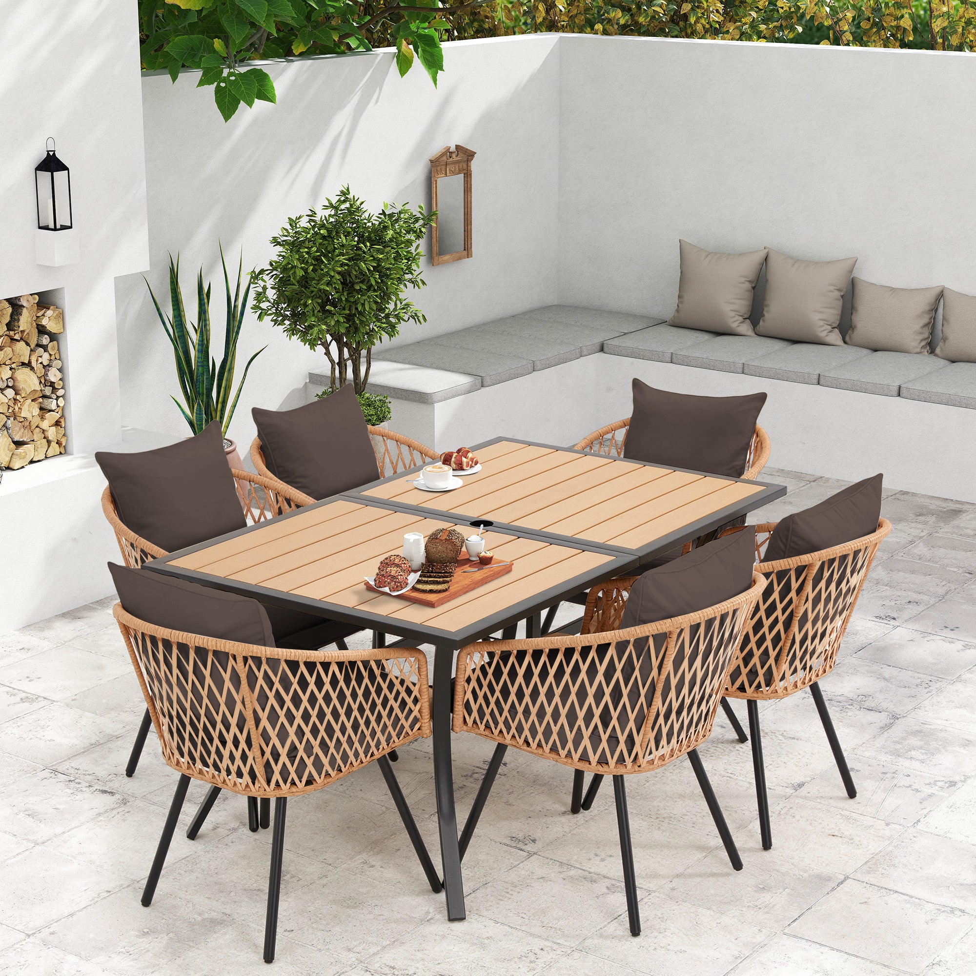 HOMREST 7-Piece Outdoor Dining Set – Rectangular Table with Umbrella Hole & 6 Rattan Chairs, Brown