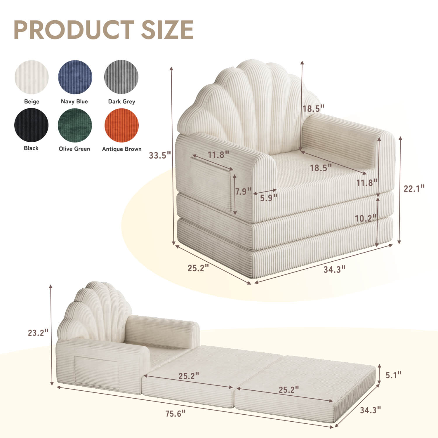 HOMREST 2-in-1 Folding Sofa Bed with Back Support, 75" D x 34" W Convertible Futon Sleeper Chair for Living Room Bedroom Small Spaces, Beige