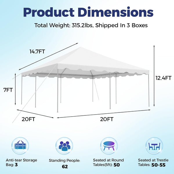 HOMREST 20x20ft Pole Party Tent, Heavy Duty Outdoor Canopy with Carry Bags, Large White Event Tent