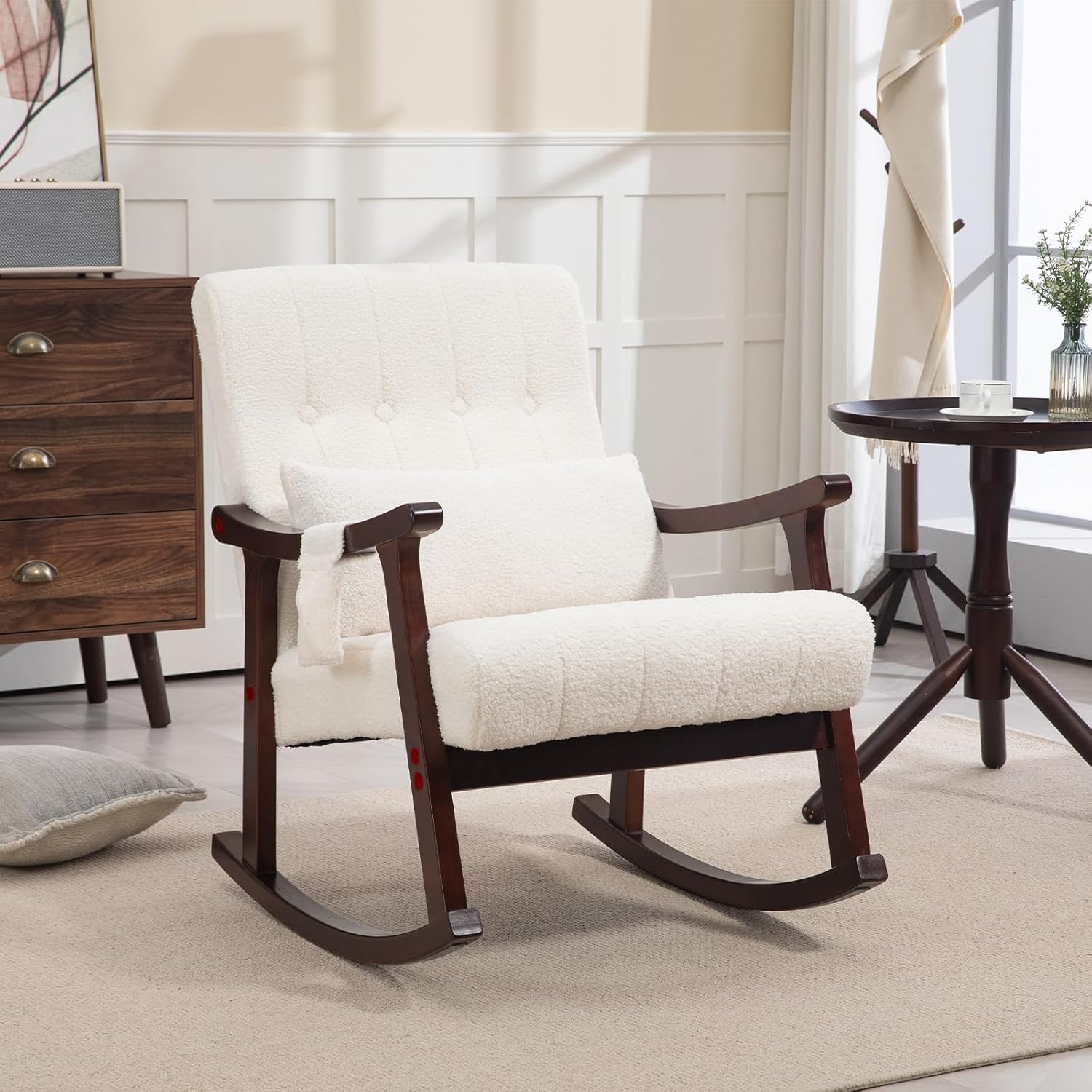 HOMREST Teddy Upholstered Rocking Chair, Small Glider Rocker with 2-Point Massage Lumbar Pillow and Solid Wood Legs, for Nursery and Living Room, White