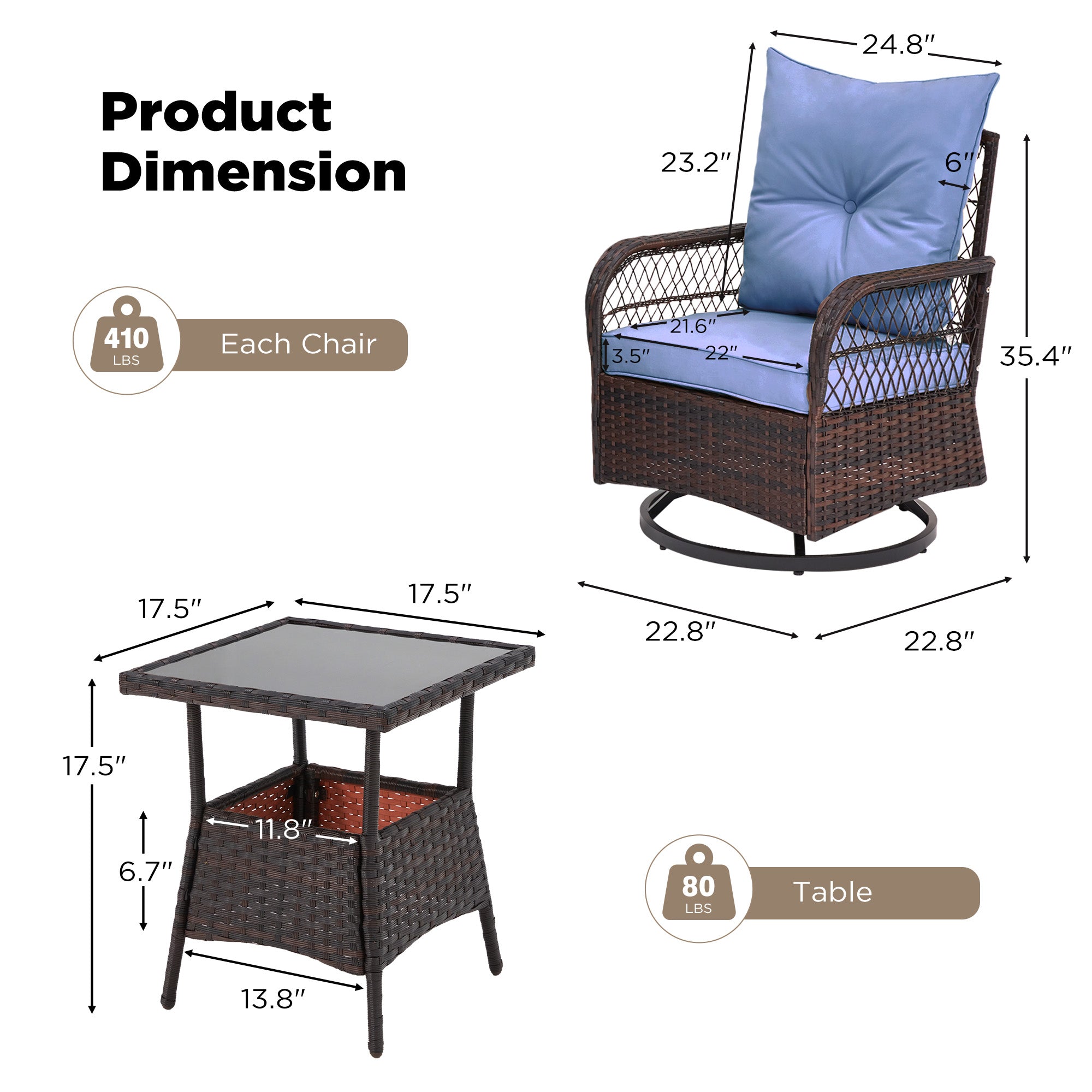 HOMREST 3-Piece Patio Swivel Rocker Set with Rattan Coffee Table, Blue
