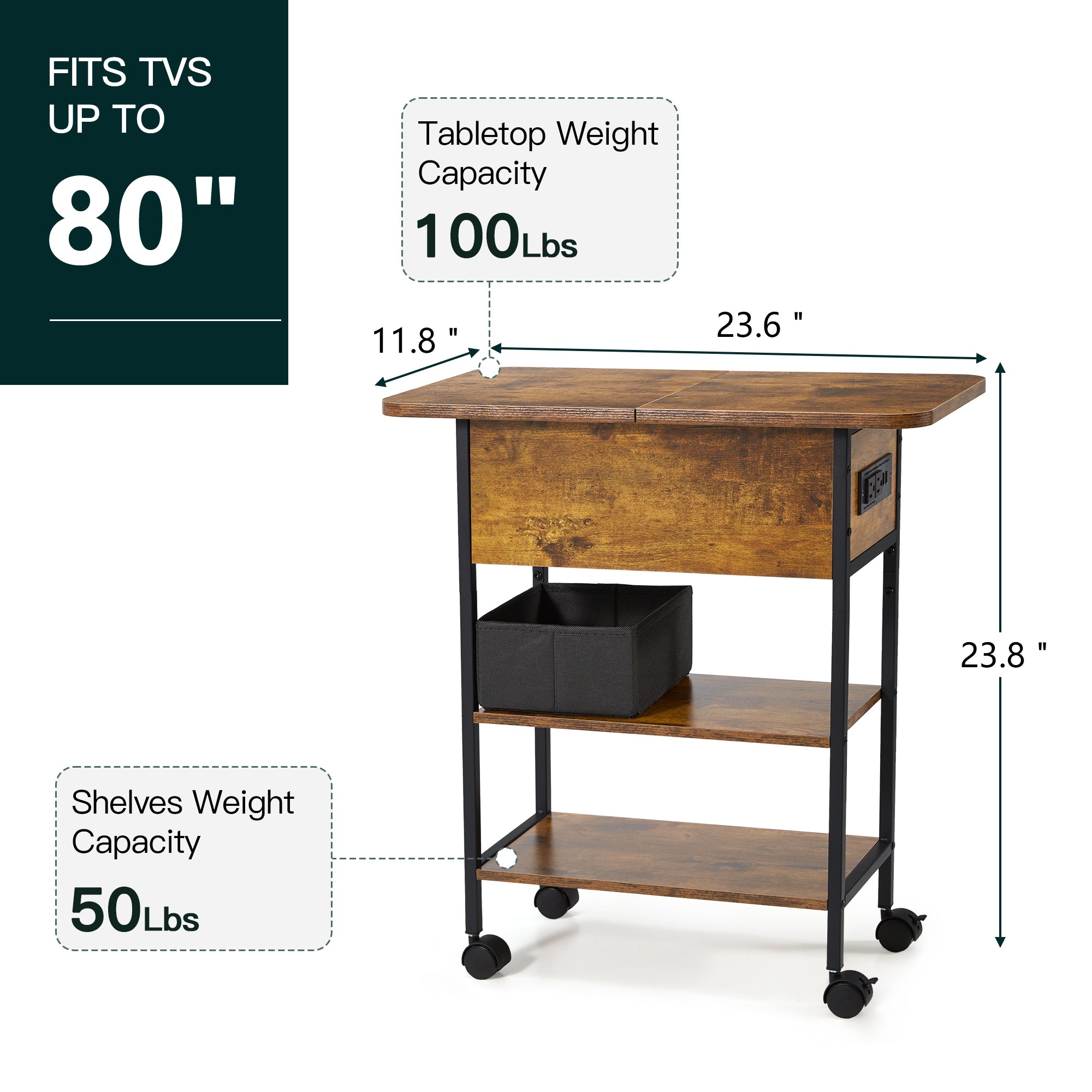 HOMREST Multi-Functional Flip Side Table, 360° Swivel Wheels & Storage Shelf for Living Room/Bedroom, Rustic Brown Wood End Table, Brown