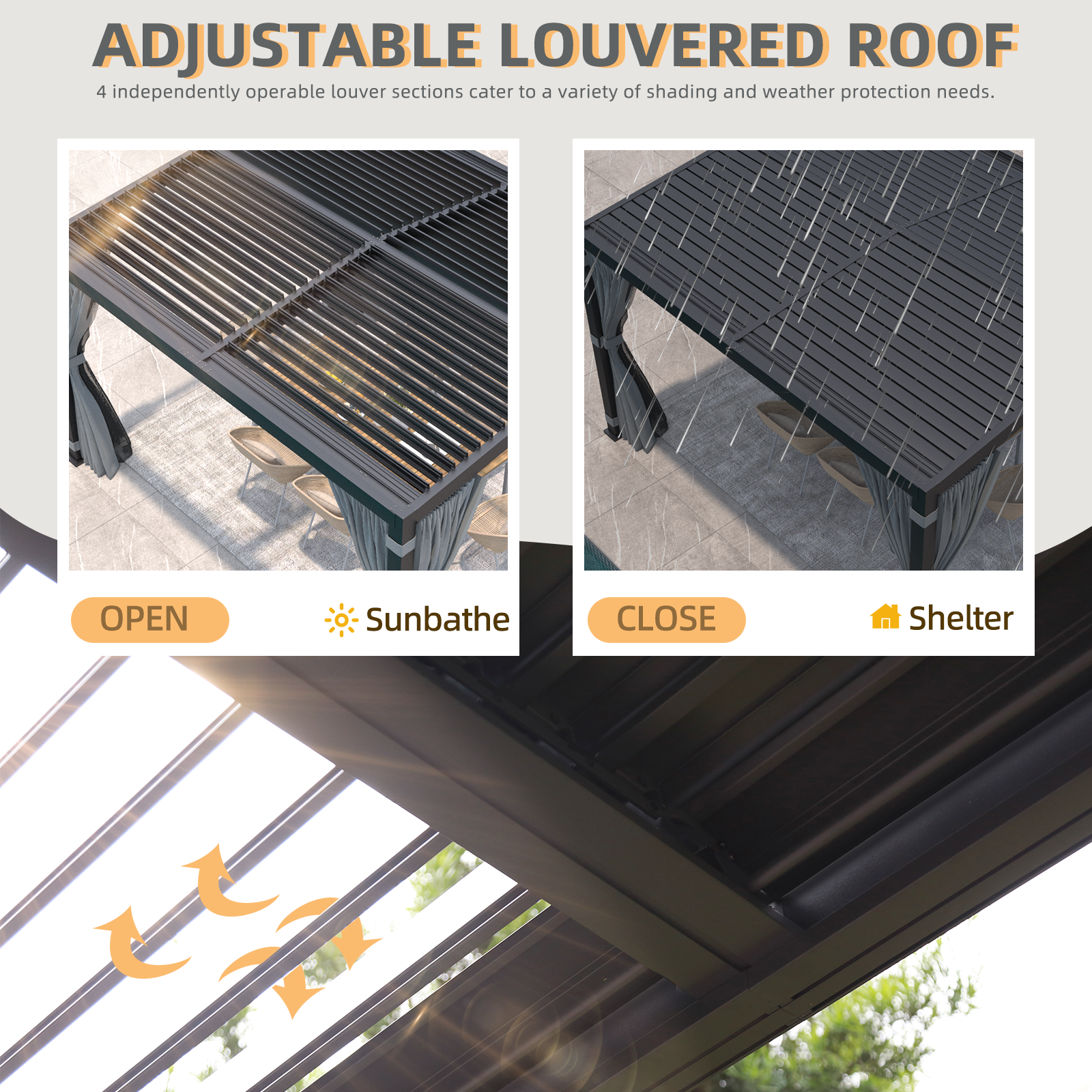 HOMREST Louvered Pergola 11x13 Outdoor Hard Top Pergola with Aluminum Frame and Adjustable Metal Rainproof Roof for Garden & Patio, Curtains and Netting Included, Gray-Black
