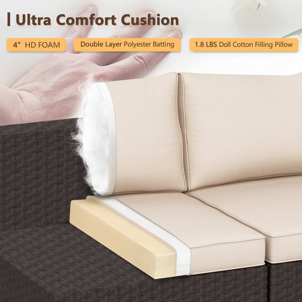 7 Pcs Patio Rattan Sectional Sofa Set w/ Ergonomic Curved Armrest , Khaki Cushion & Glass Table