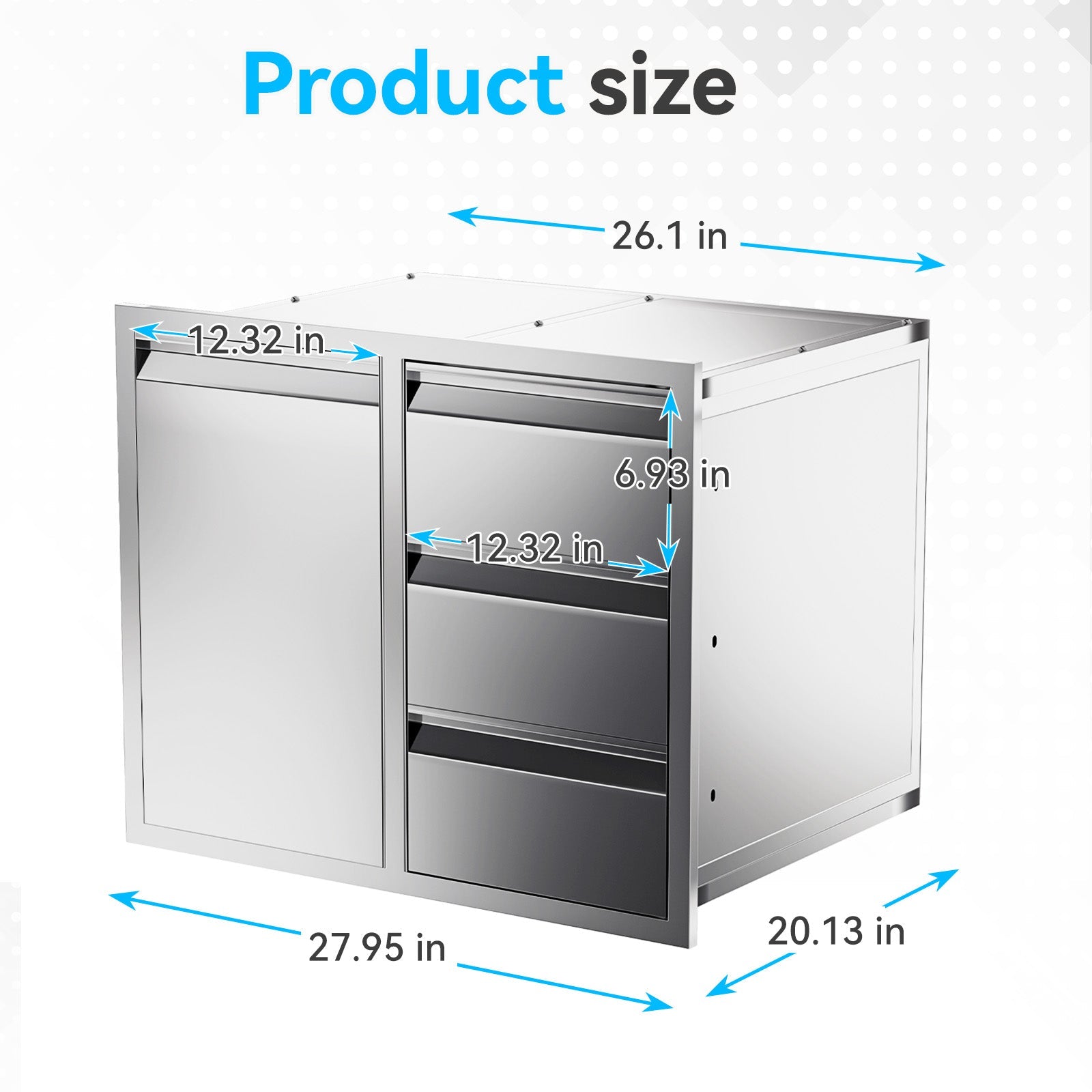 HOMREST Outdoor Kitchen Drawer and Trash Bin Combo - 28"Wx20"Dx23"H Built-in 304 Stainless Steel Cabinet with Triple Drawers & Pull-Out Trash Drawer, Silver