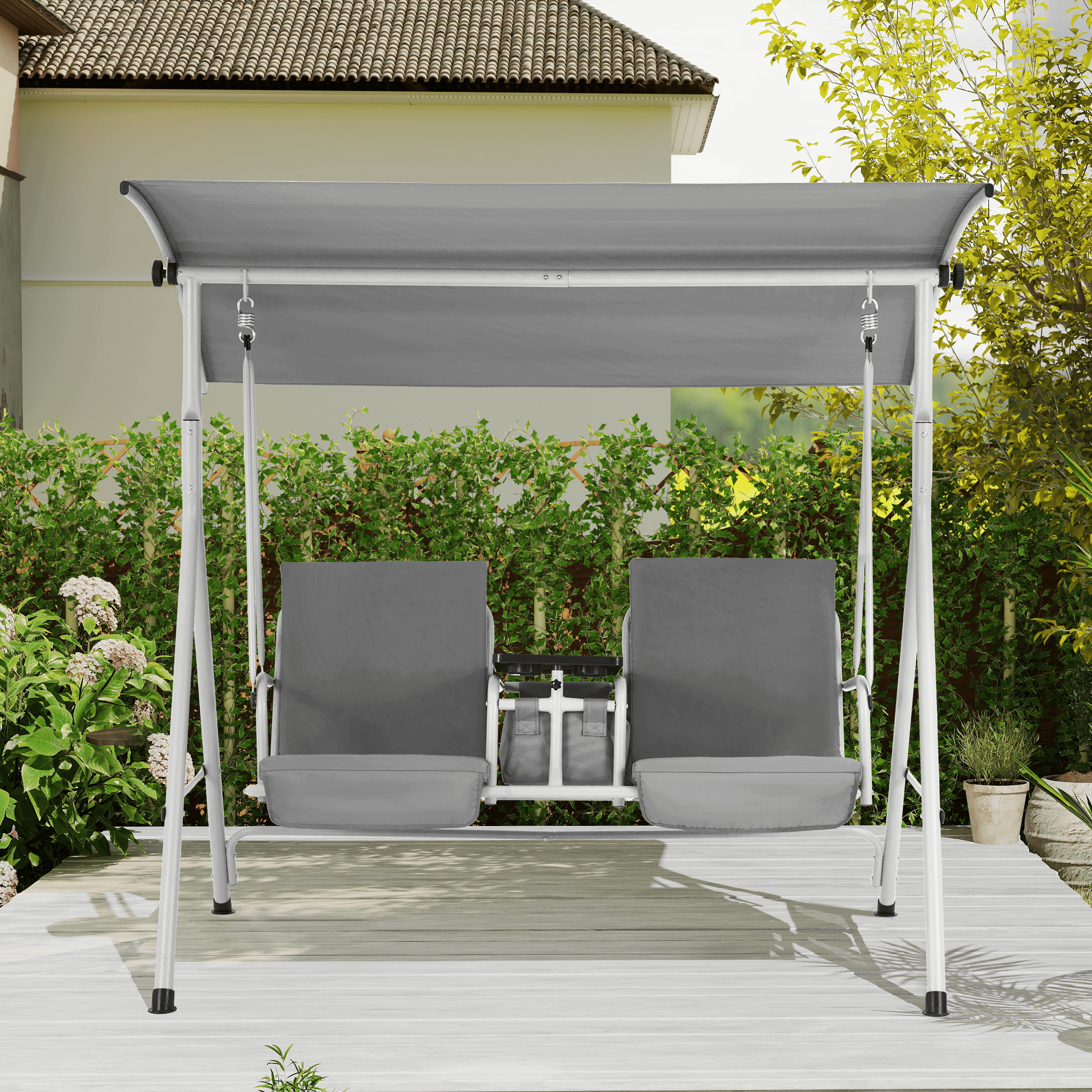 Homrest 2 Seat Outdoor Porch Swing with Adjustable Canopy, Gray