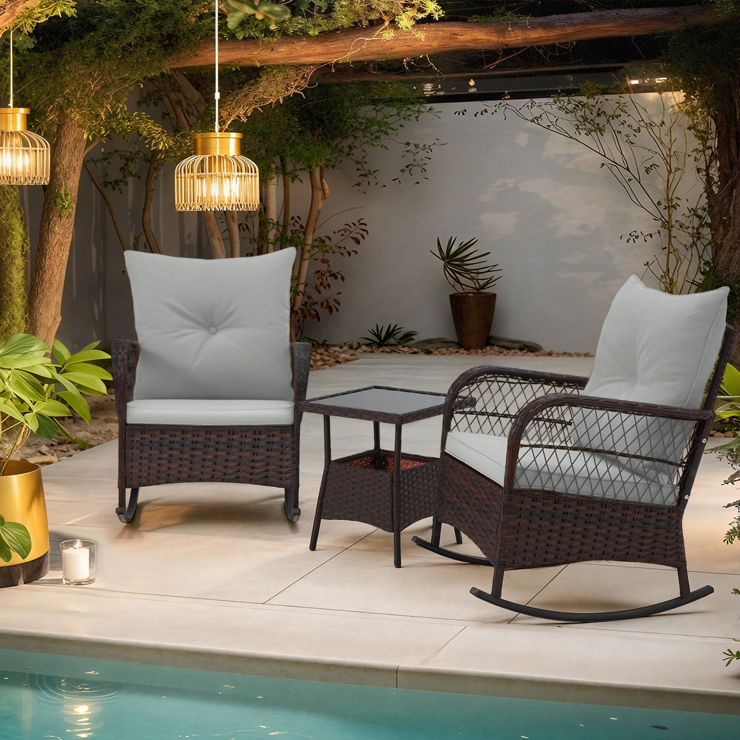 HOMREST 3-Piece Rattan Rocking Bistro Set with Glass Coffee Table for Porch & Garden